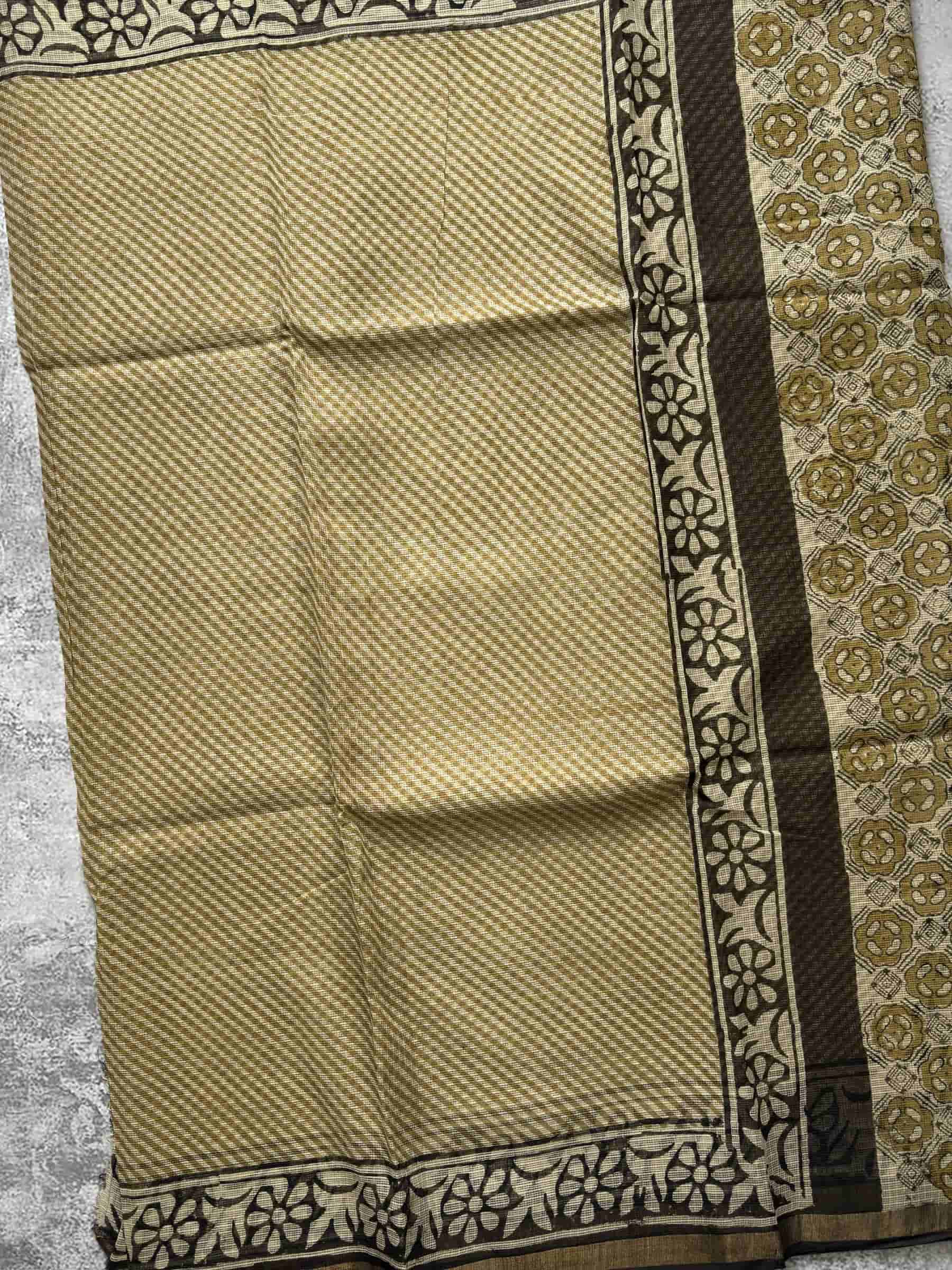 Kota Doria Hand Block Print Saree in Beige & Olive
