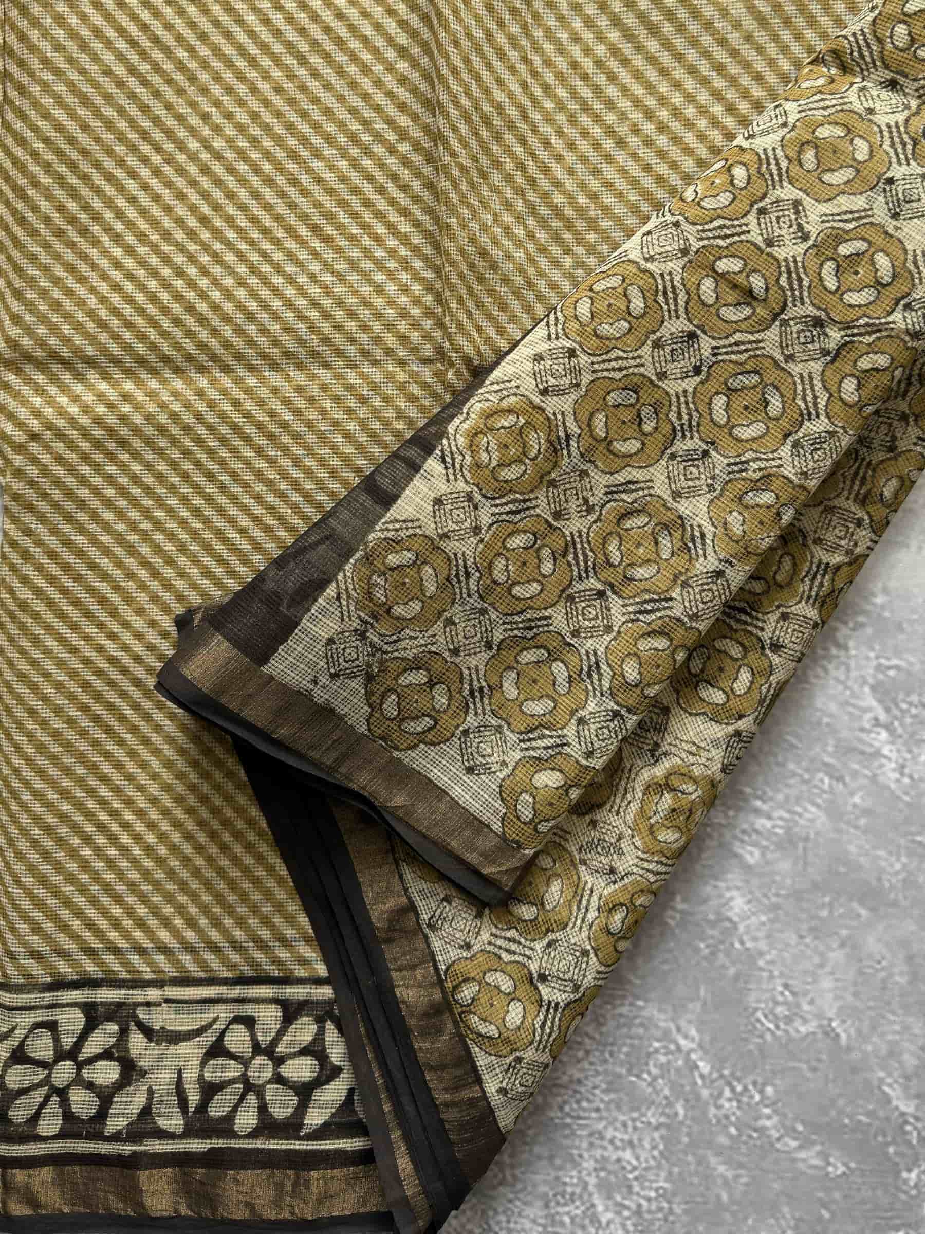 Kota Doria Hand Block Print Saree in Beige & Olive