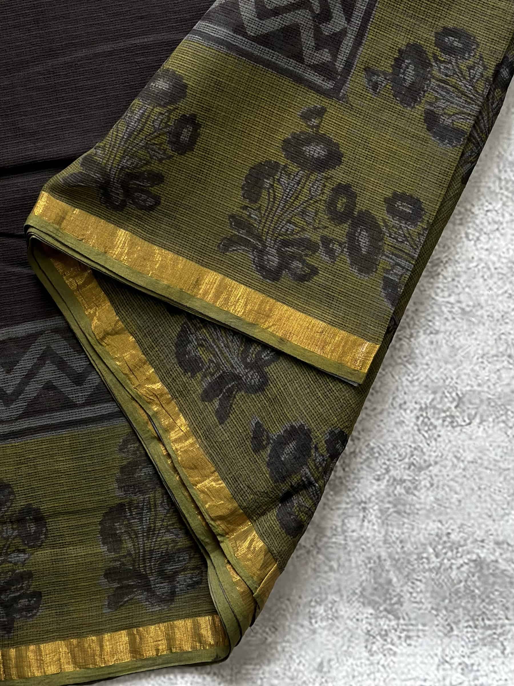 Hand Block Printed Kota Doria Saree in Black & Olive Green