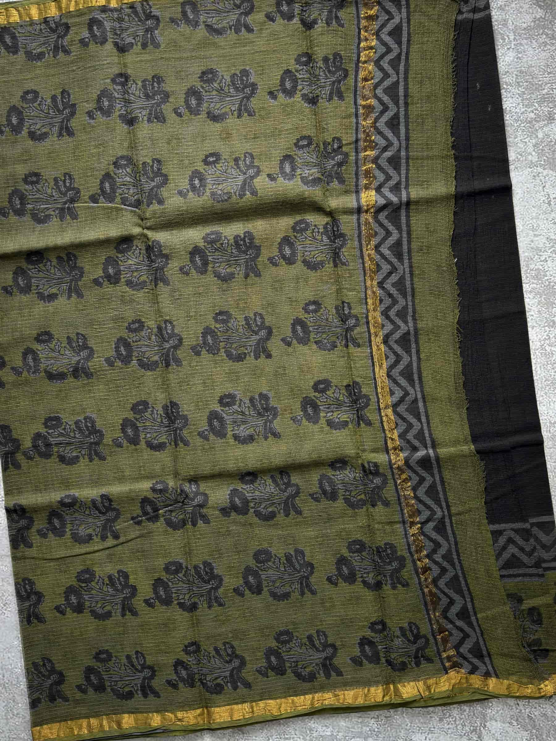 Hand Block Printed Kota Doria Saree in Black & Olive Green