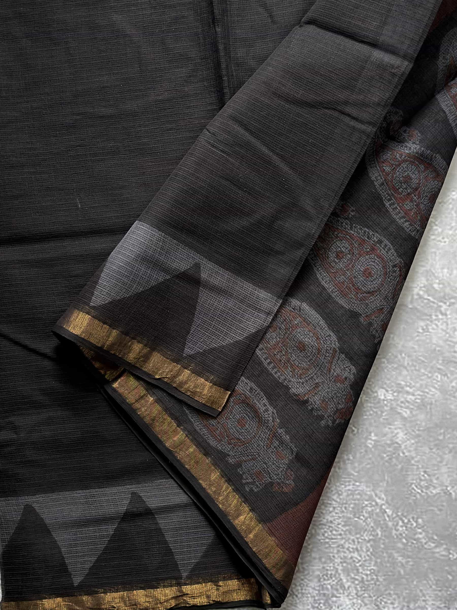 Kota Doria Hand Block Print Saree in Black & Grey