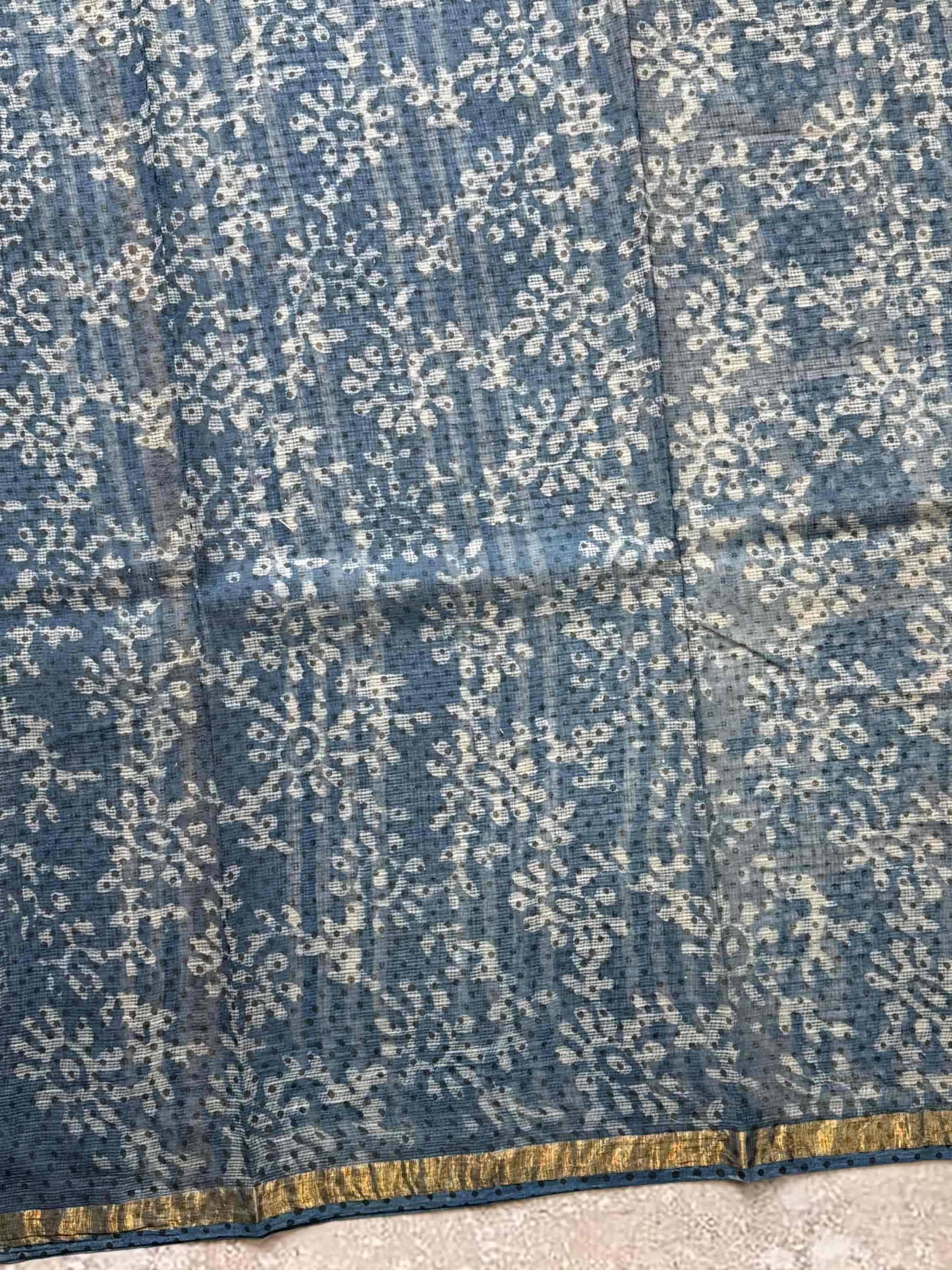 Hand Block Printed Kota Doria Saree in Black & Indigo