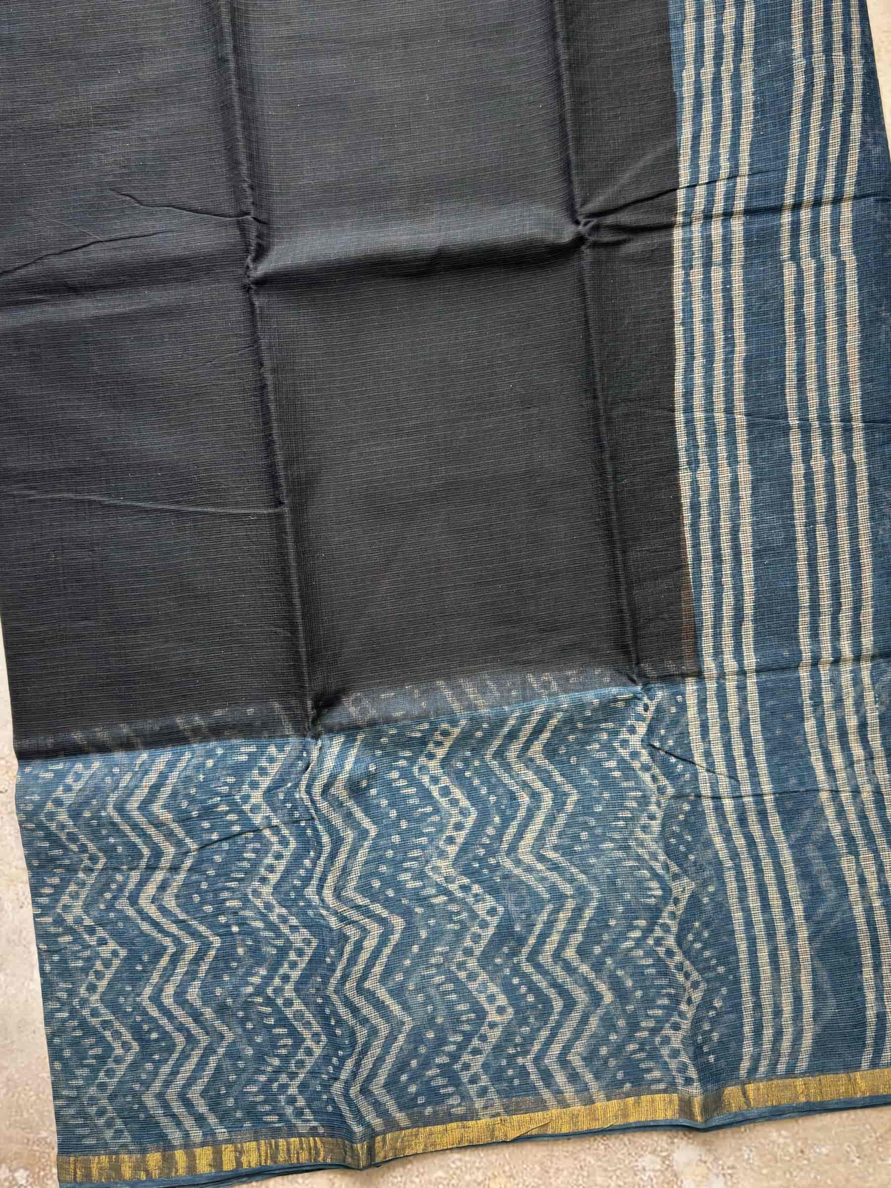 Hand Block Printed Kota Doria Saree in Black & Indigo