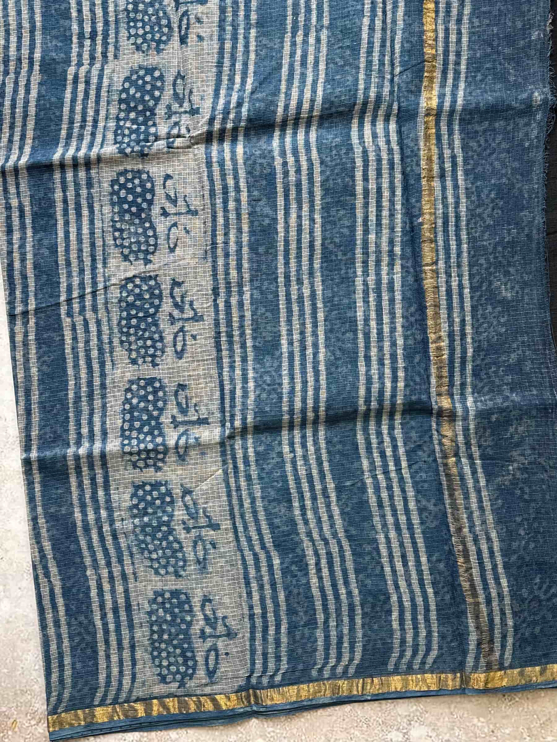 Hand Block Printed Kota Doria Saree in Black & Indigo