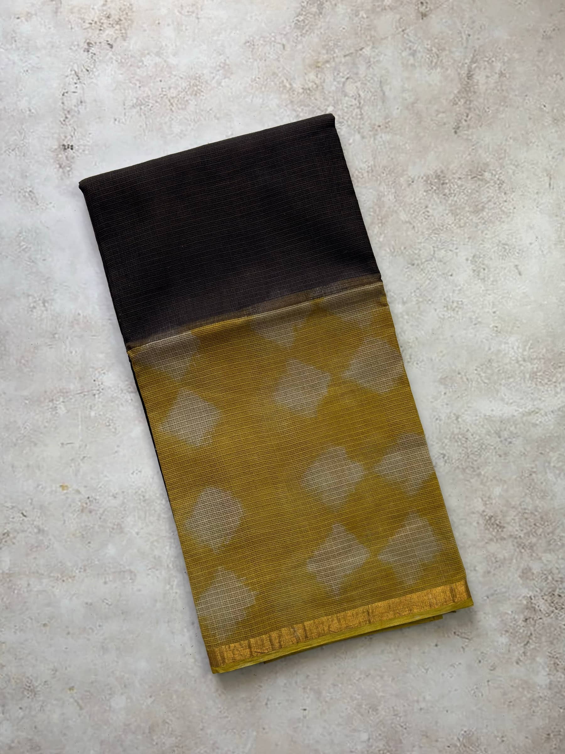 Black Kota Doria saree with mustard block print