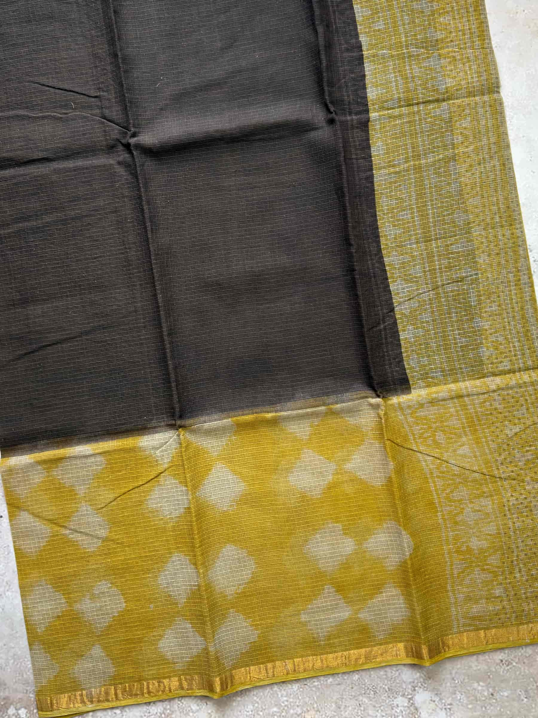 Hand Block Printed Kota Doria Saree in Black & Mustard