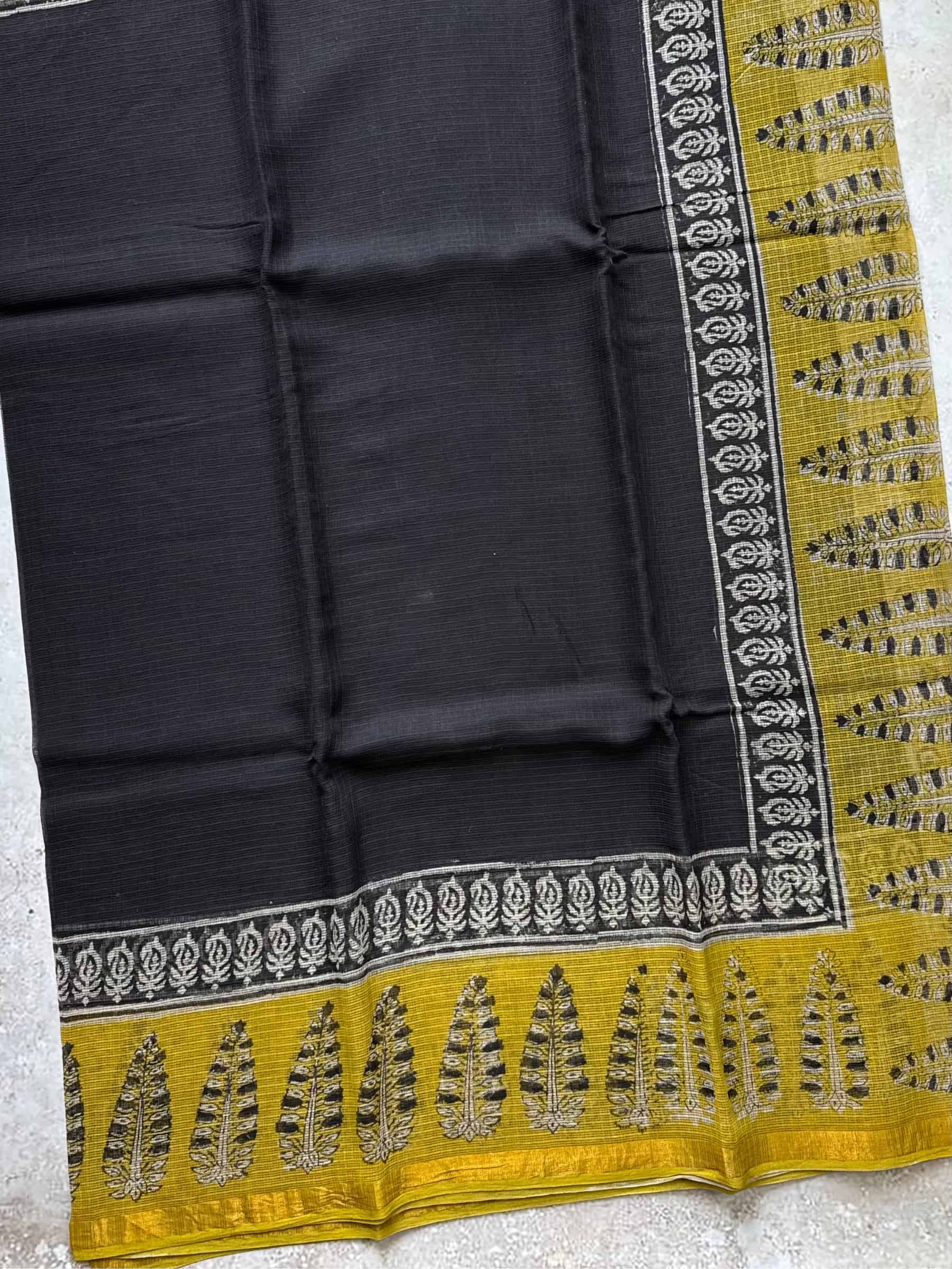 Hand Block Printed Kota Doria Saree in Black & Mustard