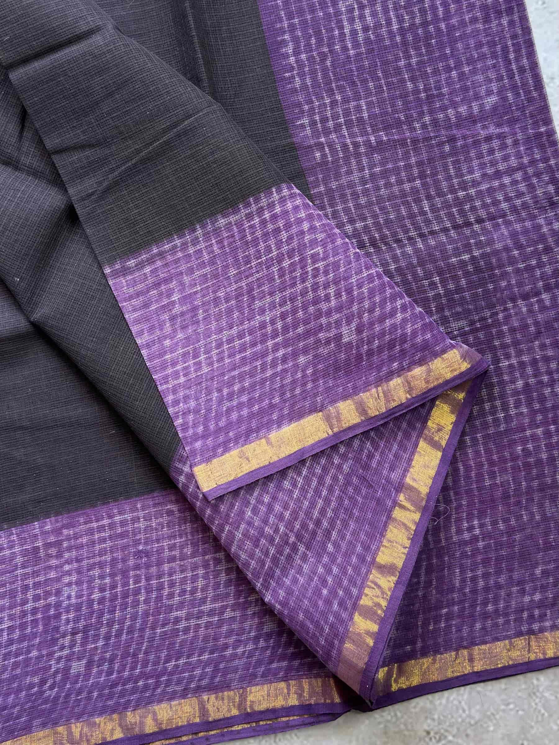 Hand Block Printed Kota Doria Saree in Black & Purple