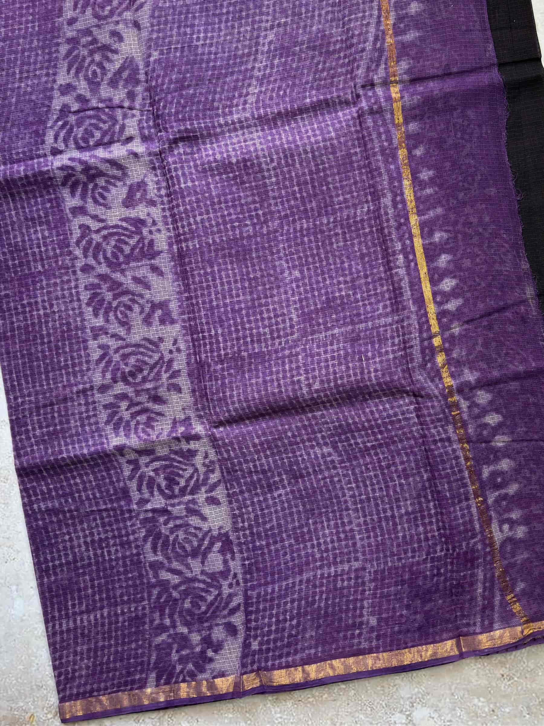Hand Block Printed Kota Doria Saree in Black & Purple