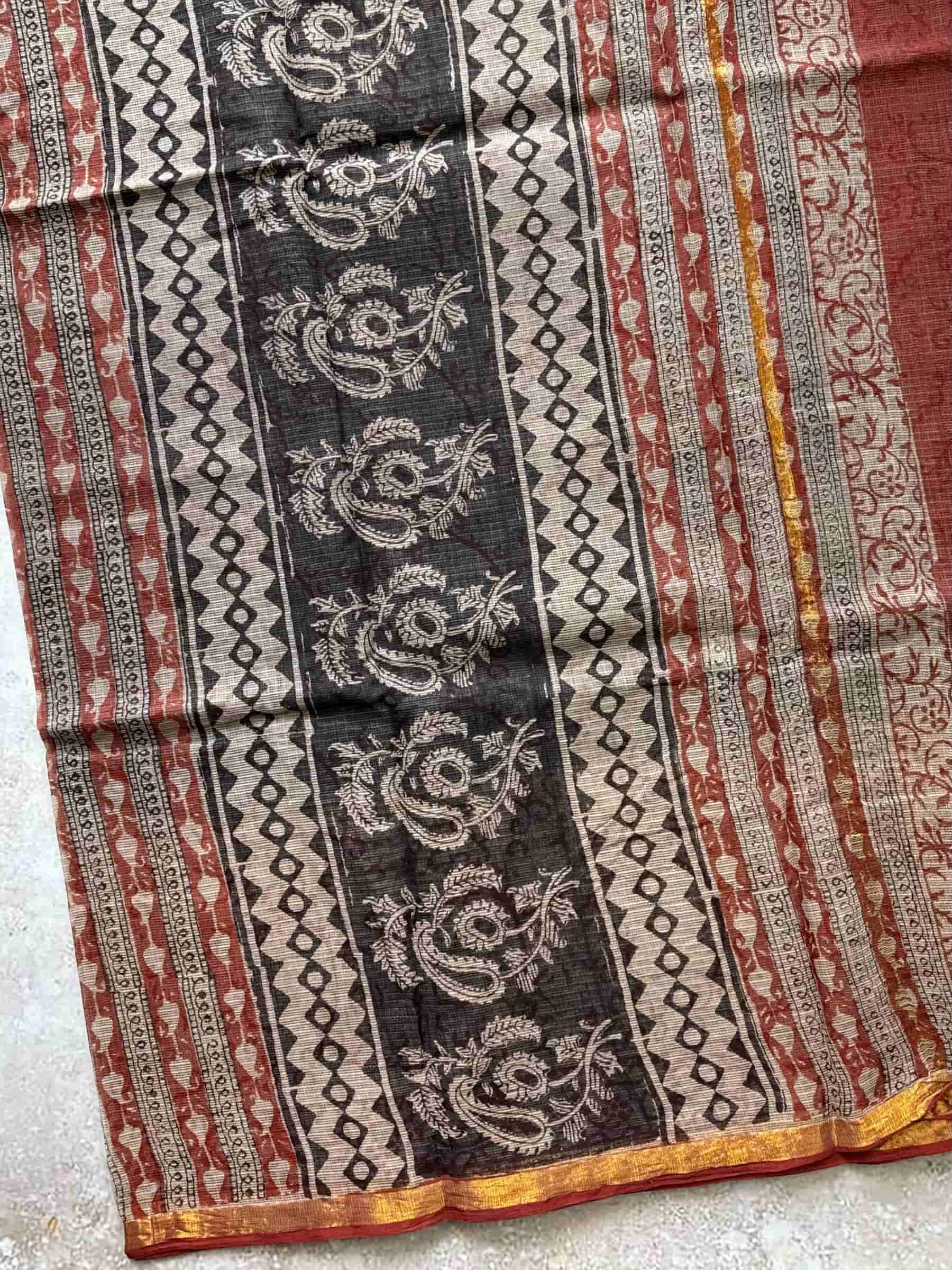 Hand Block Printed Kota Doria Saree in Black & Rust