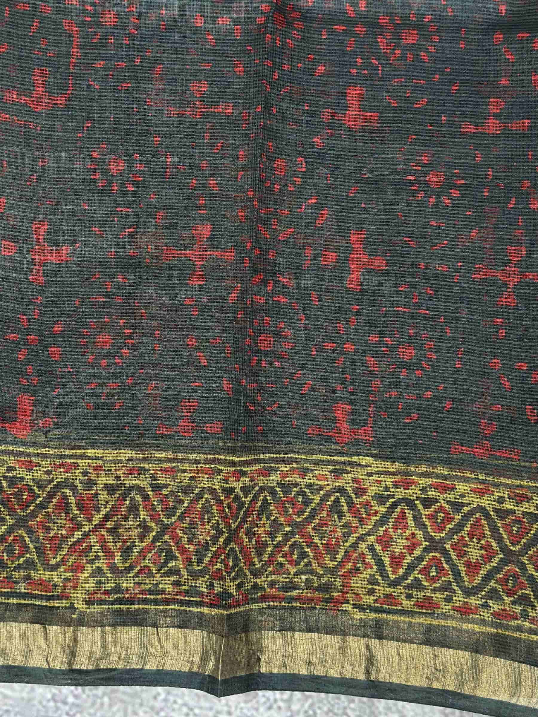 Kota Doria Hand Block Print Saree in Deep Green & Rust