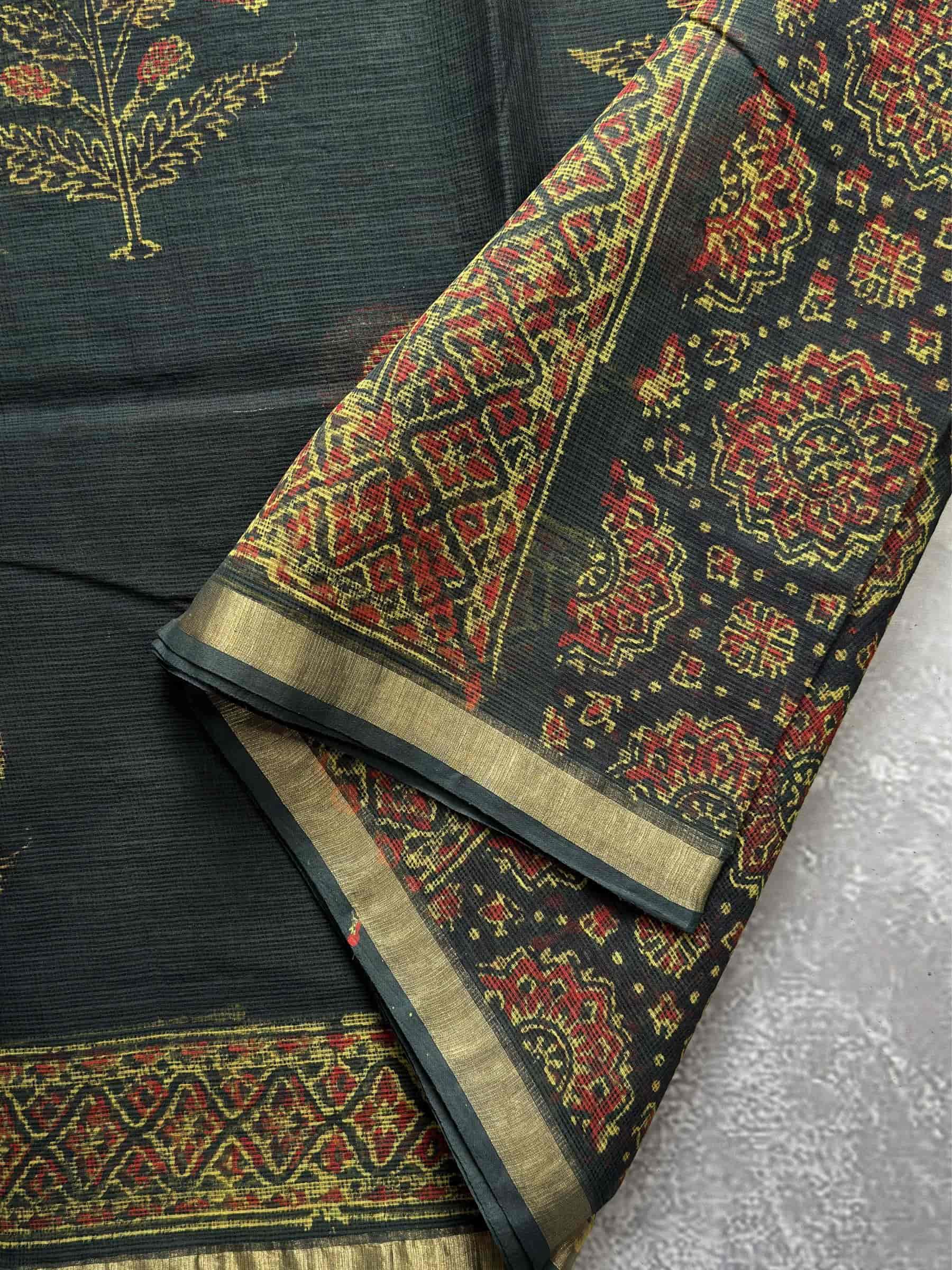 Kota Doria Hand Block Print Saree in Deep Green & Rust