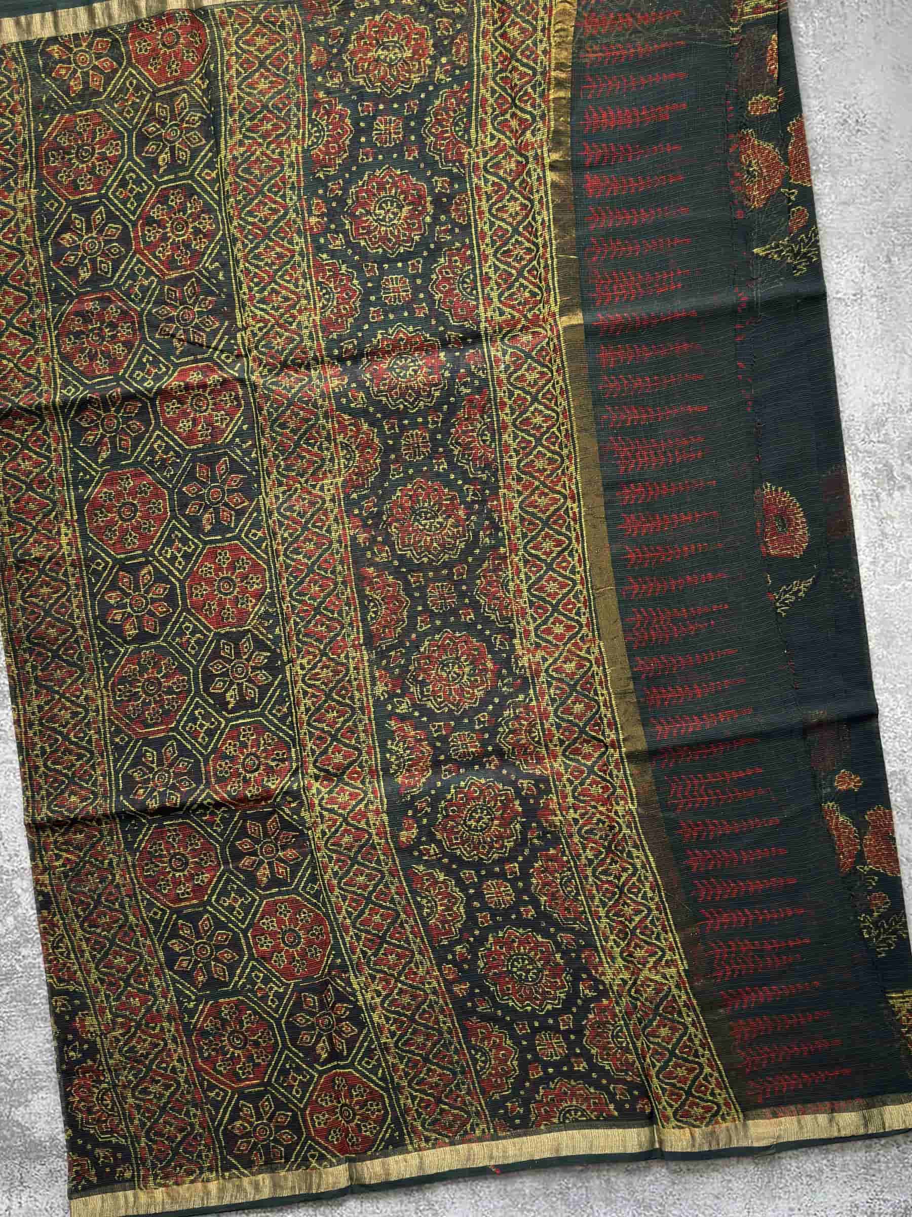 Kota Doria Hand Block Print Saree in Deep Green & Rust