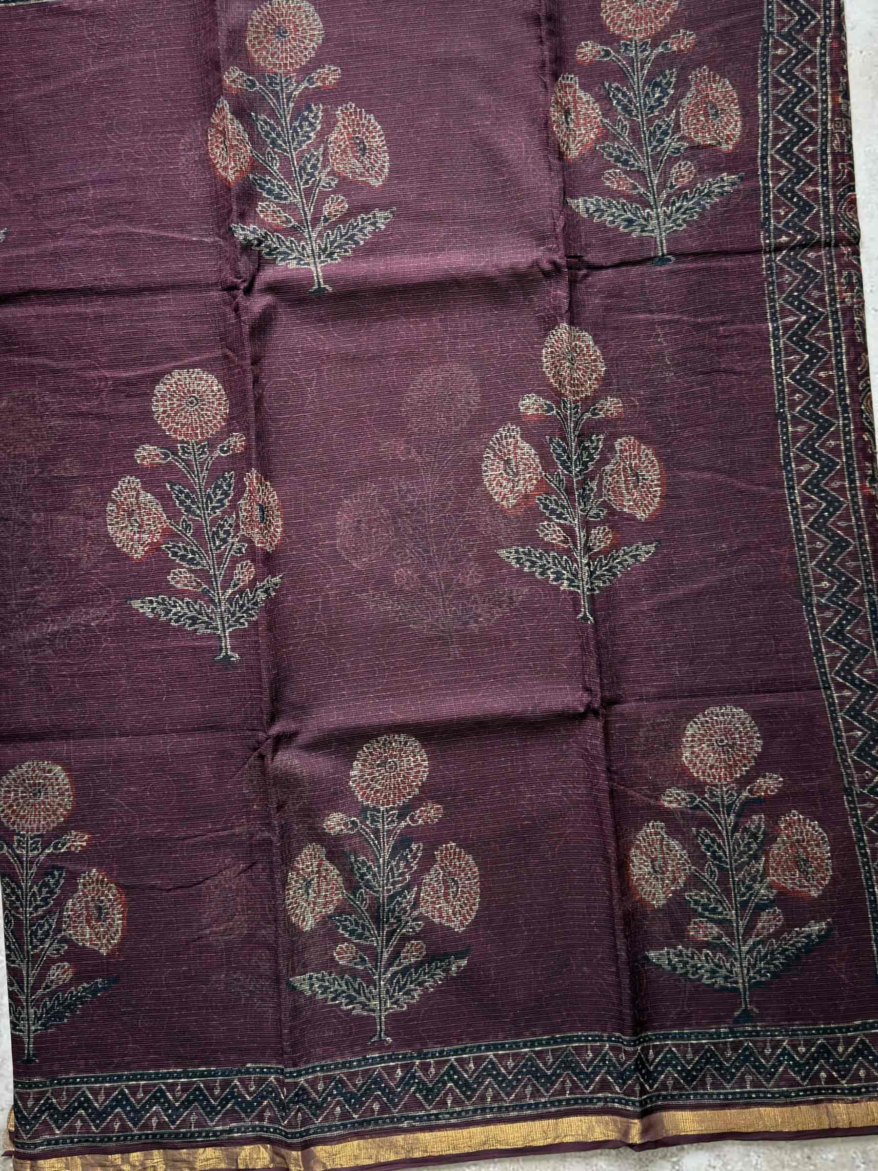 Kota Doria Hand Block Print Saree in Deep Plum