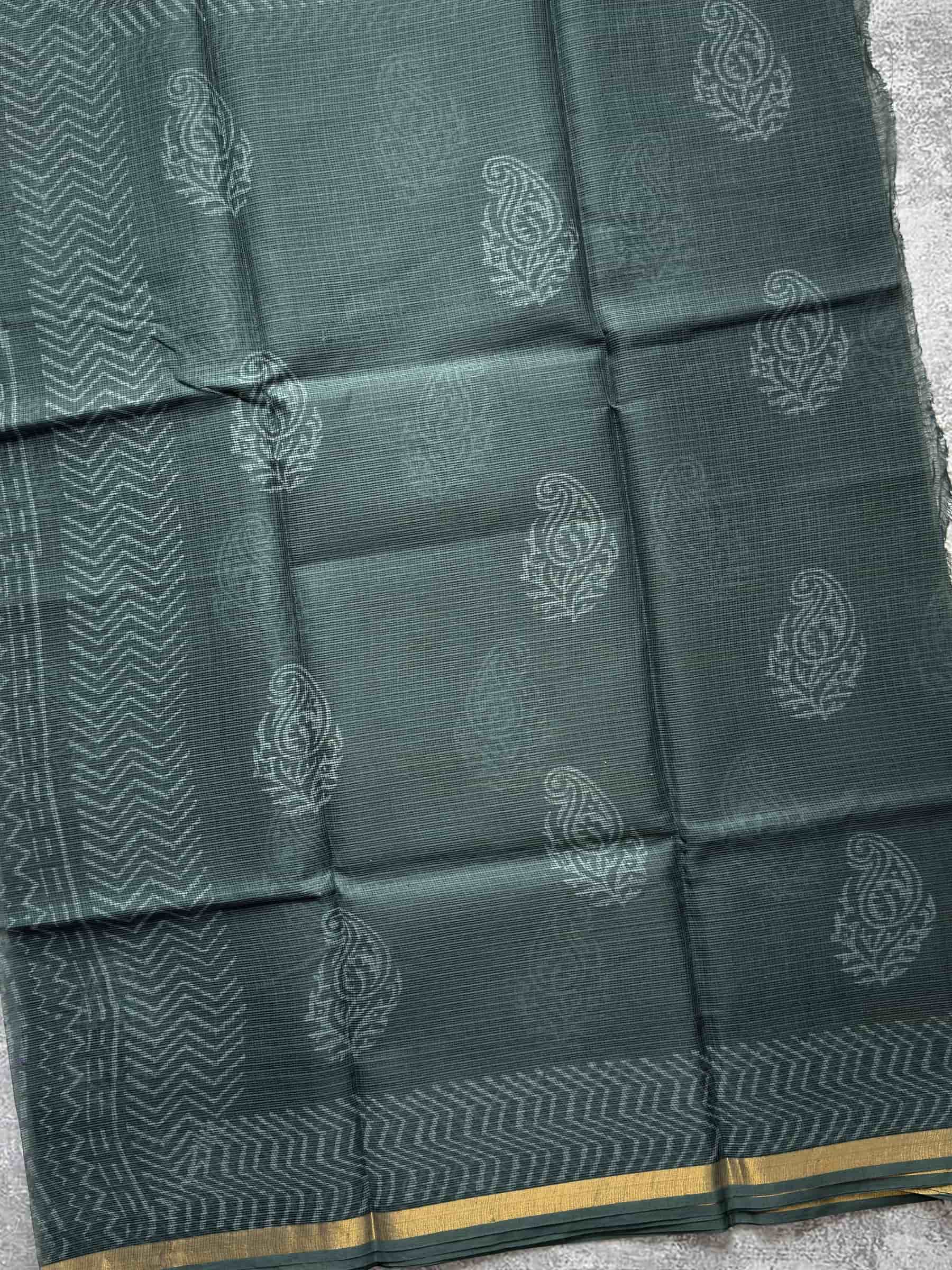 Hand Block Printed Kota Doria Saree in Deep Teal