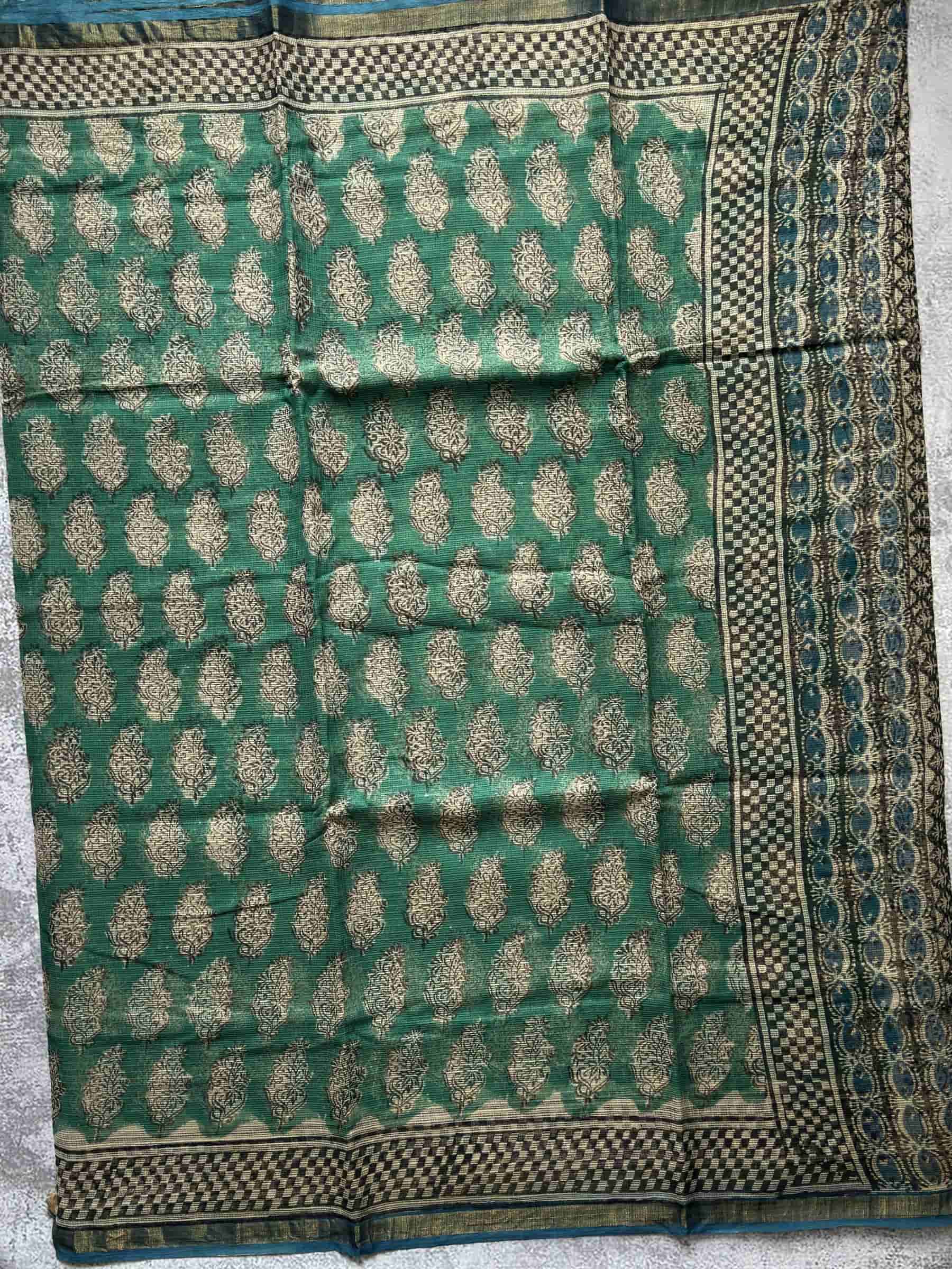 Kota Doria Hand Block Print Saree in Emerald Green