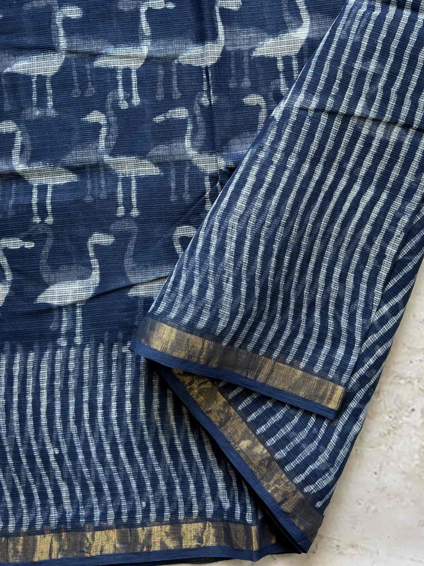Hand Block Printed Kota Doria Saree in Indigo Blue