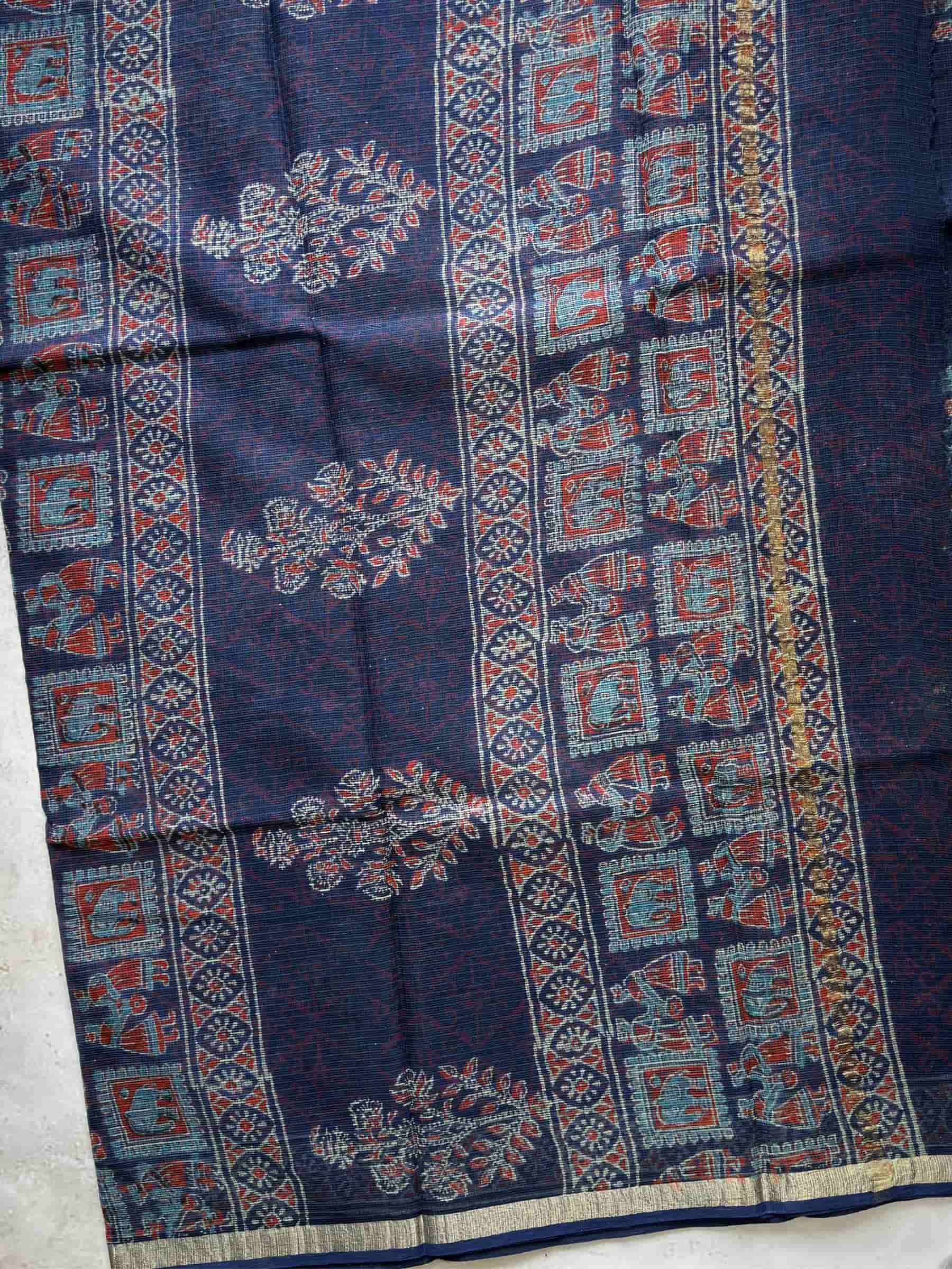 Hand Block Printed Kota Doria Saree in Indigo Blue