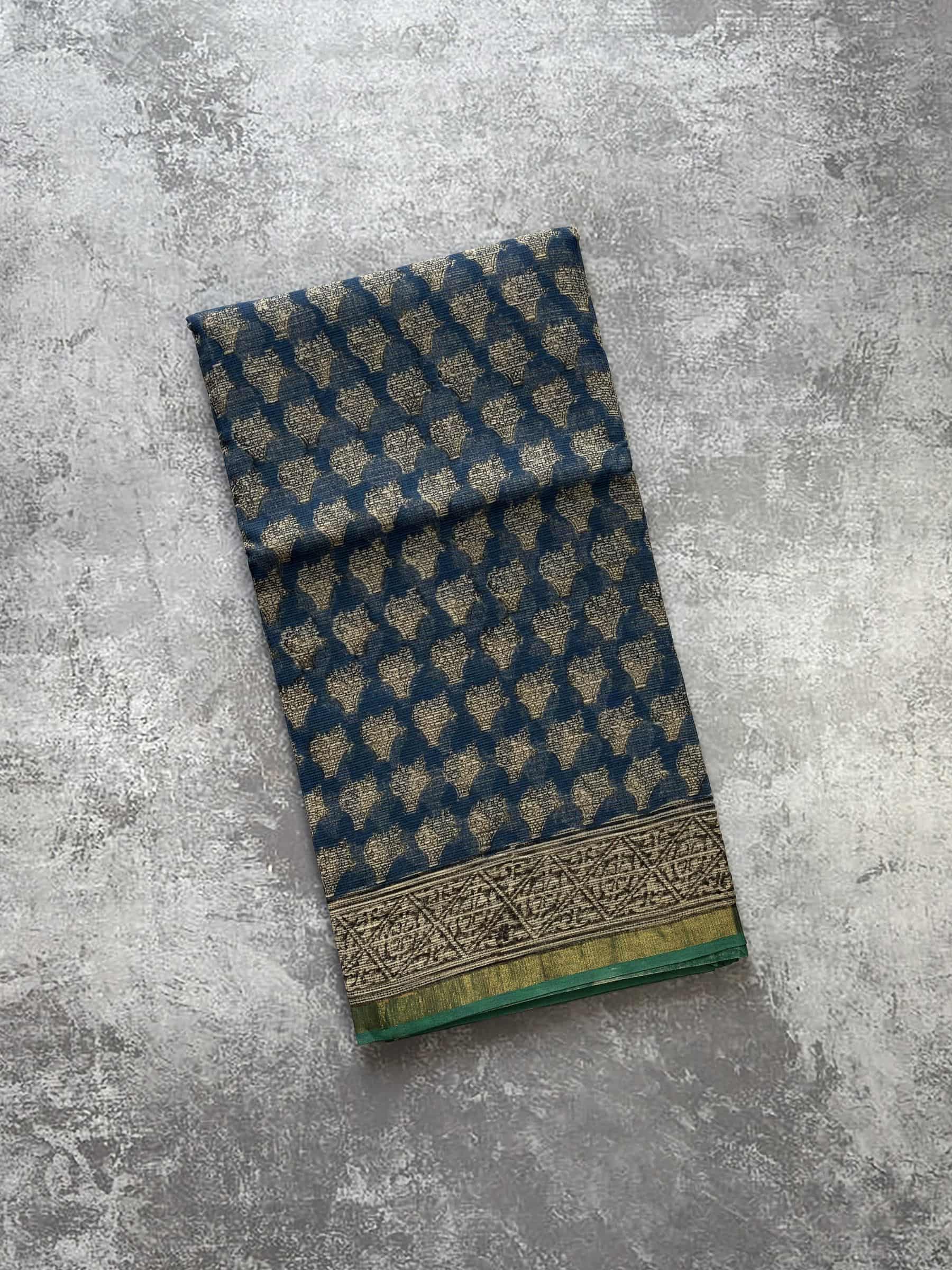 Indigo blue hand block printed Kota Doria saree with buta motifs and green pallu