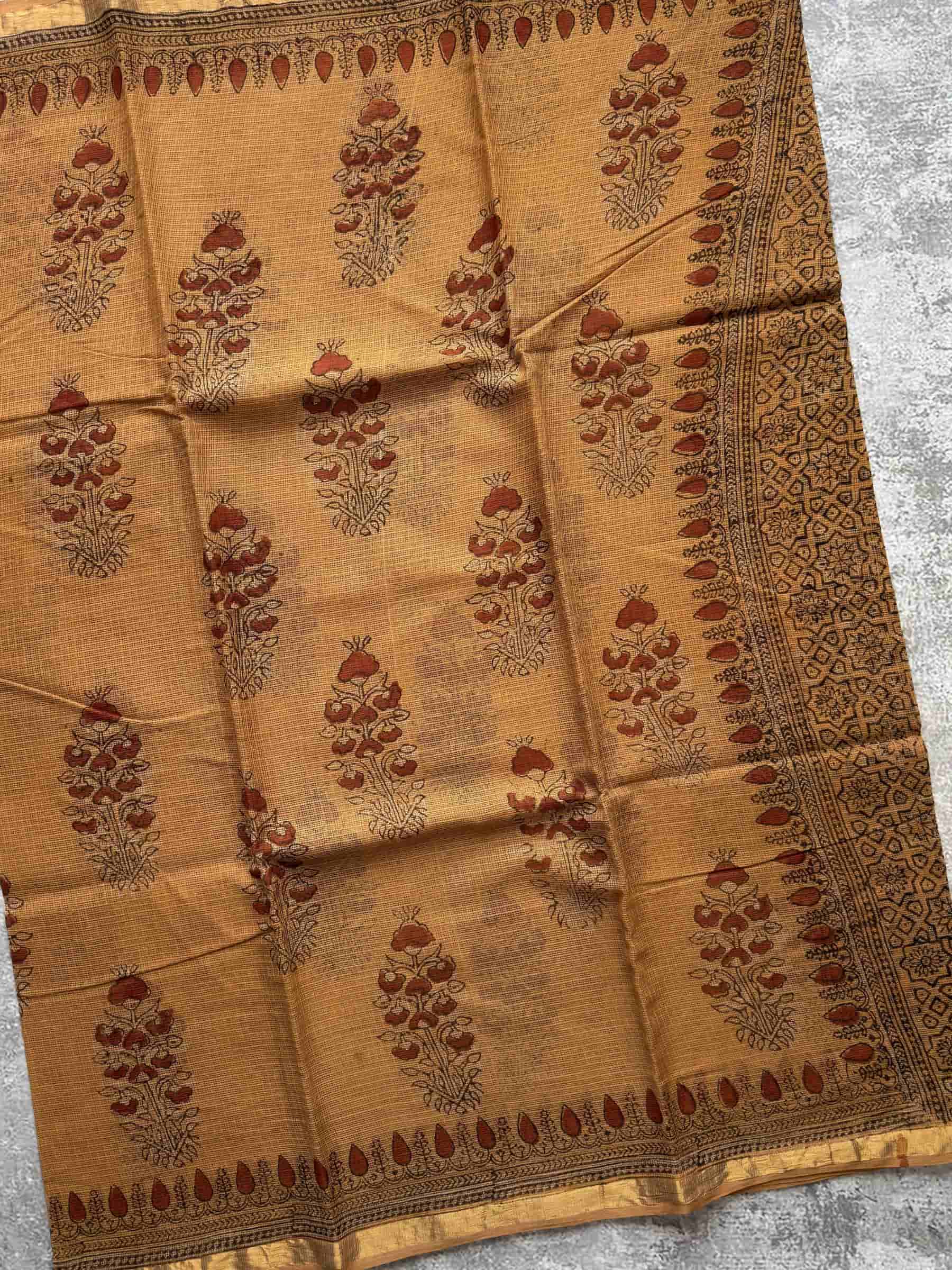 Hand Block Printed Jahota Kota Doria Saree in Mustard Beige