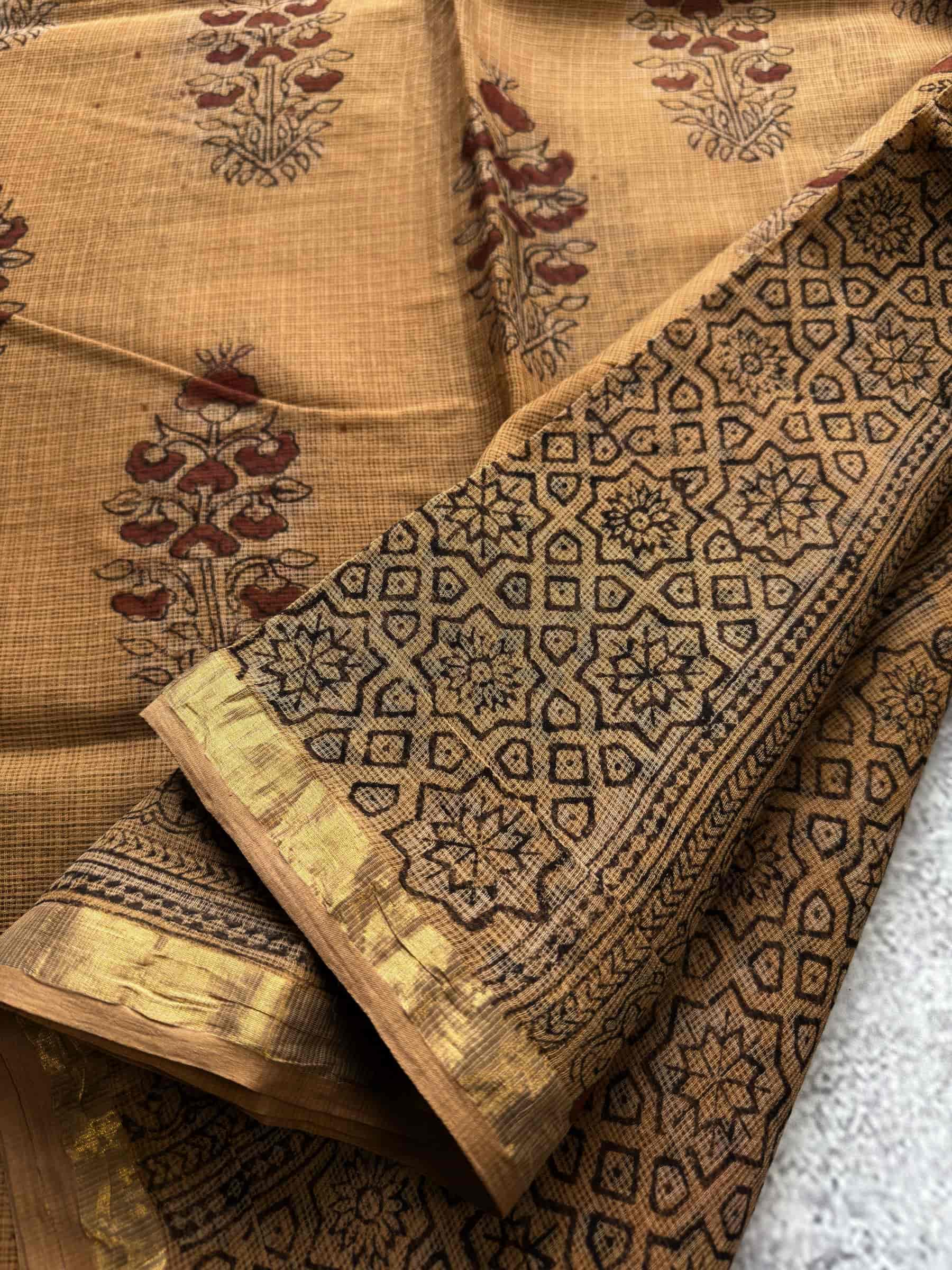 Hand Block Printed Jahota Kota Doria Saree in Mustard Beige