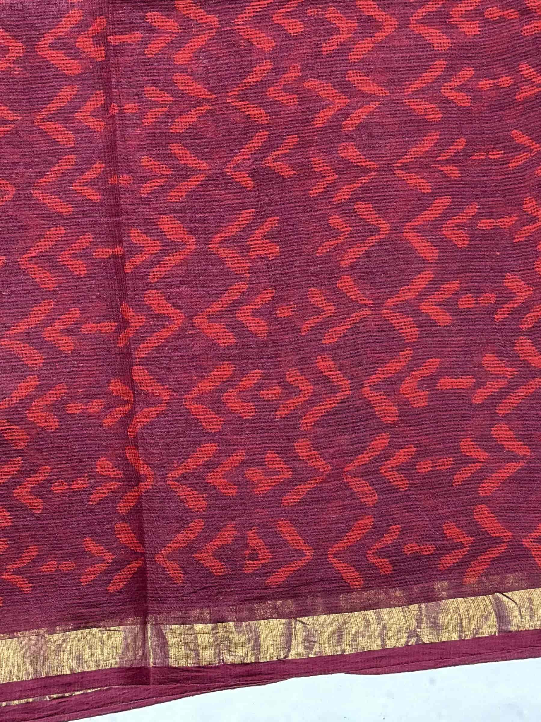 Kota Doria Hand Block Print Saree in Maroon