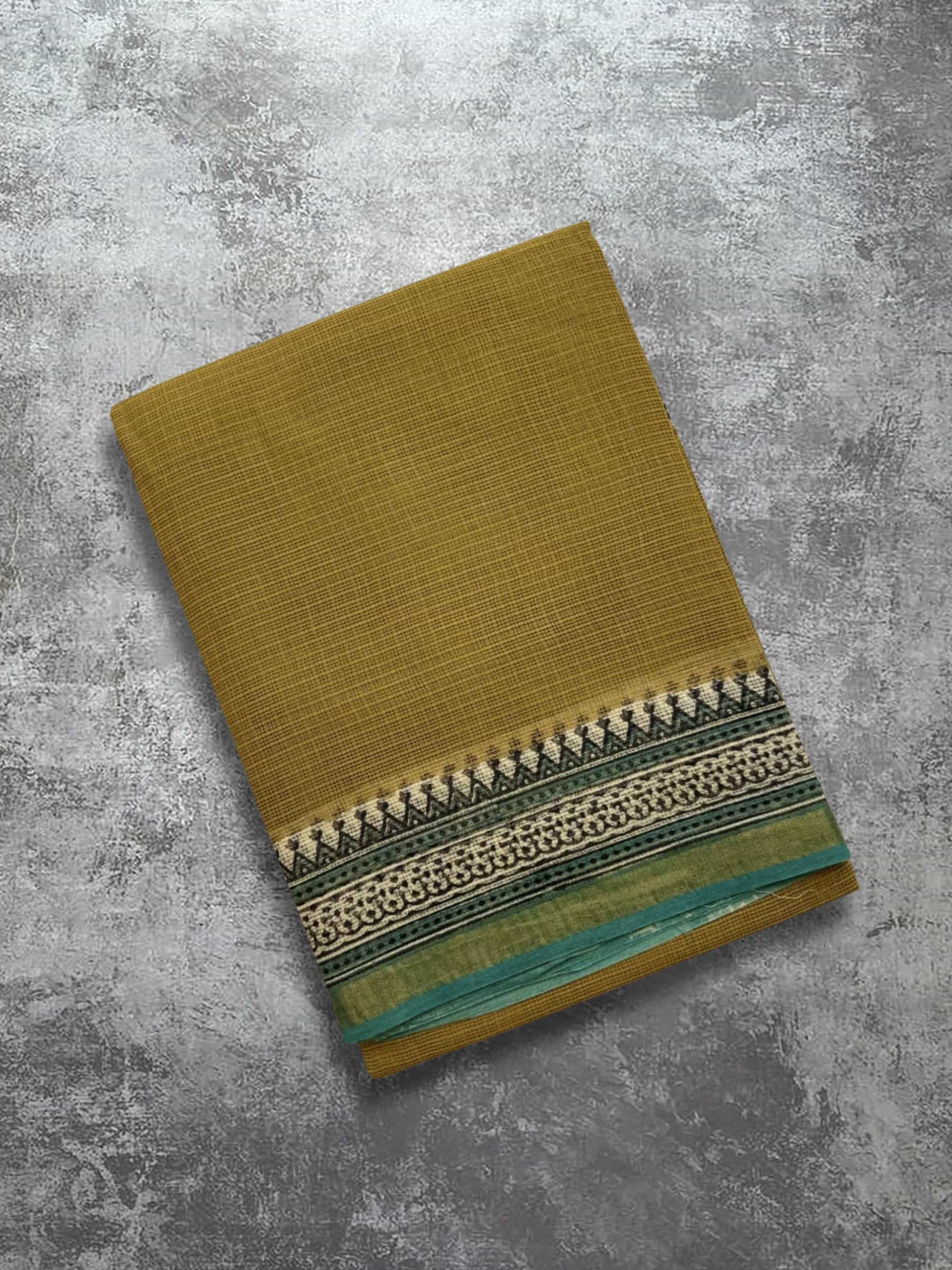 Mustard Kota Doria block printed saree with blue-green border