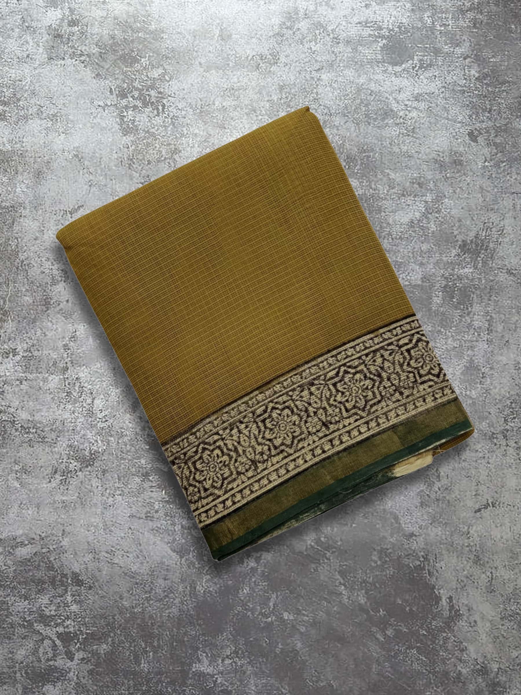 Mustard Kota Doria block printed saree with floral pallu
