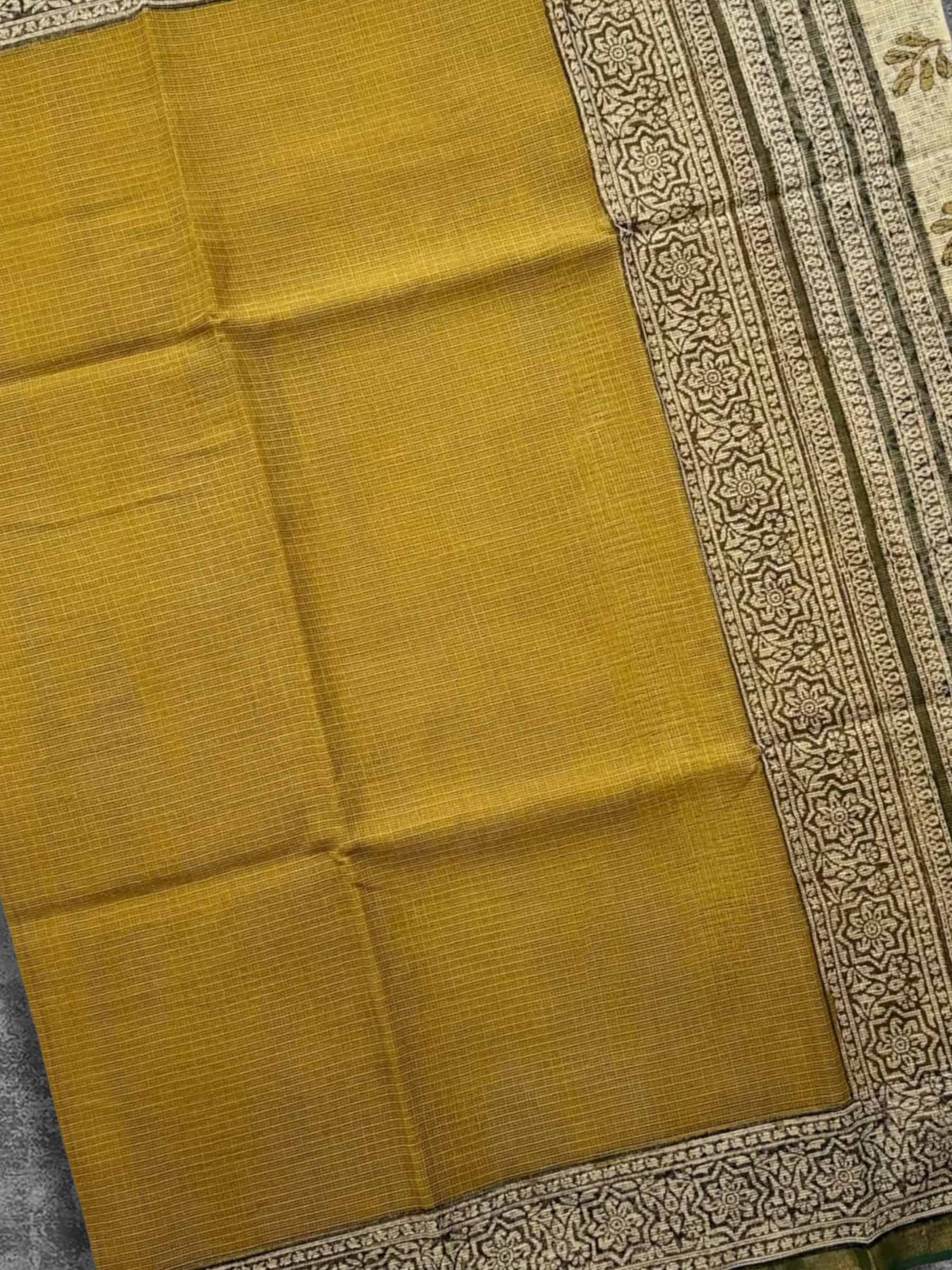 Hand Block Printed Kota Doria Saree in Mustard