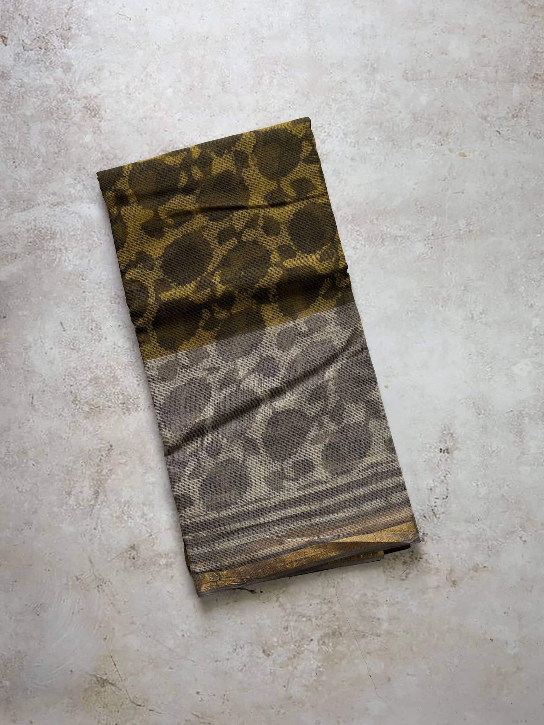 Mustard olive Kota Doria block printed saree body detail