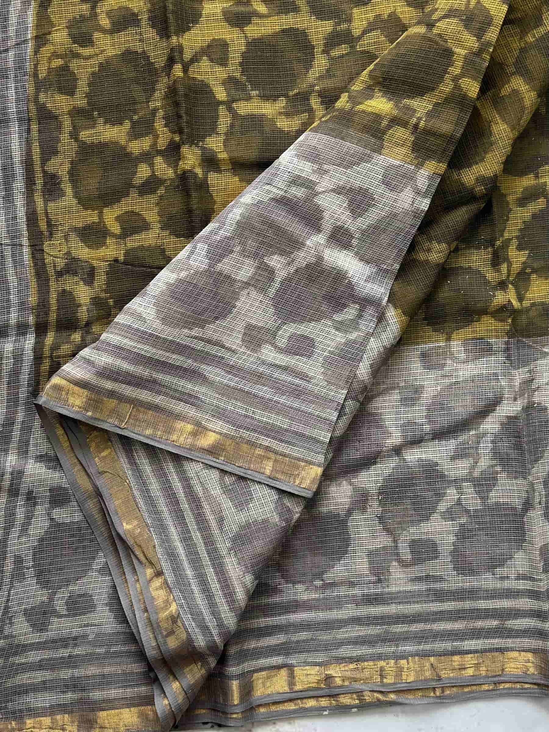 Hand Block Printed Kota Doria Saree in Mustard Olive