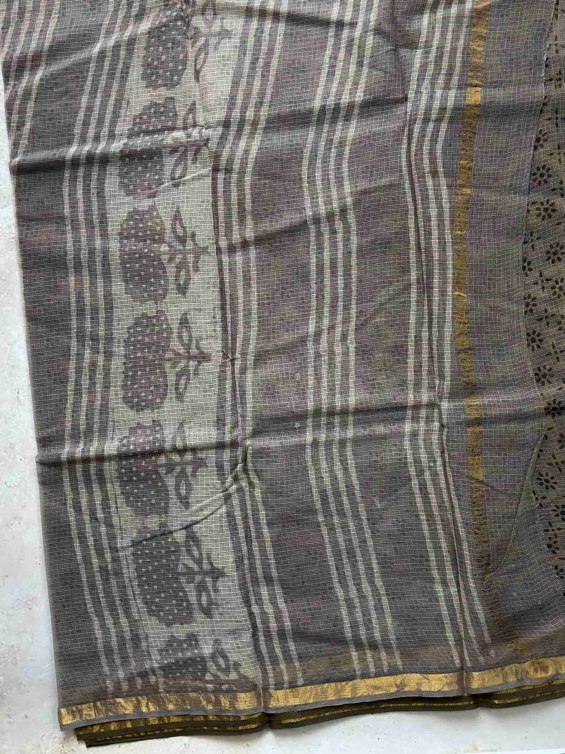 Hand Block Printed Kota Doria Saree in Mustard Olive