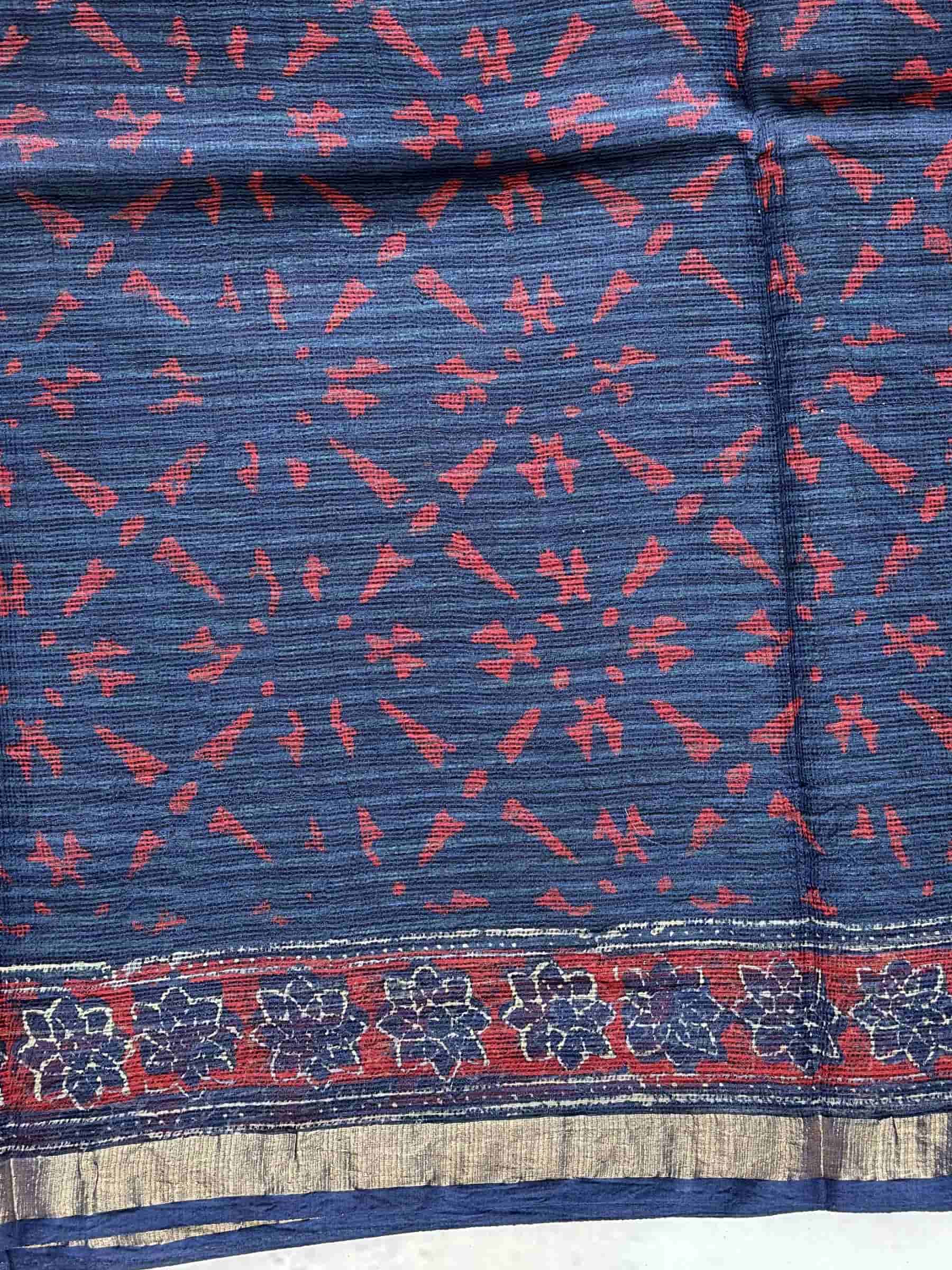 Kota Doria Hand Block Print Saree in Navy Blue
