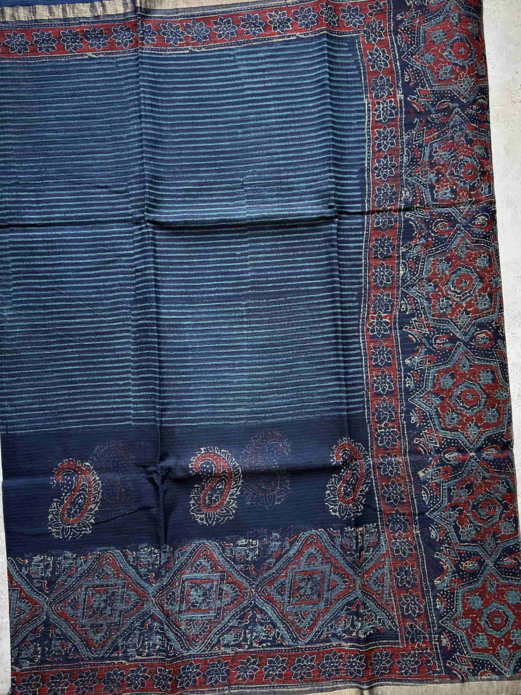 Kota Doria Hand Block Print Saree in Navy Blue