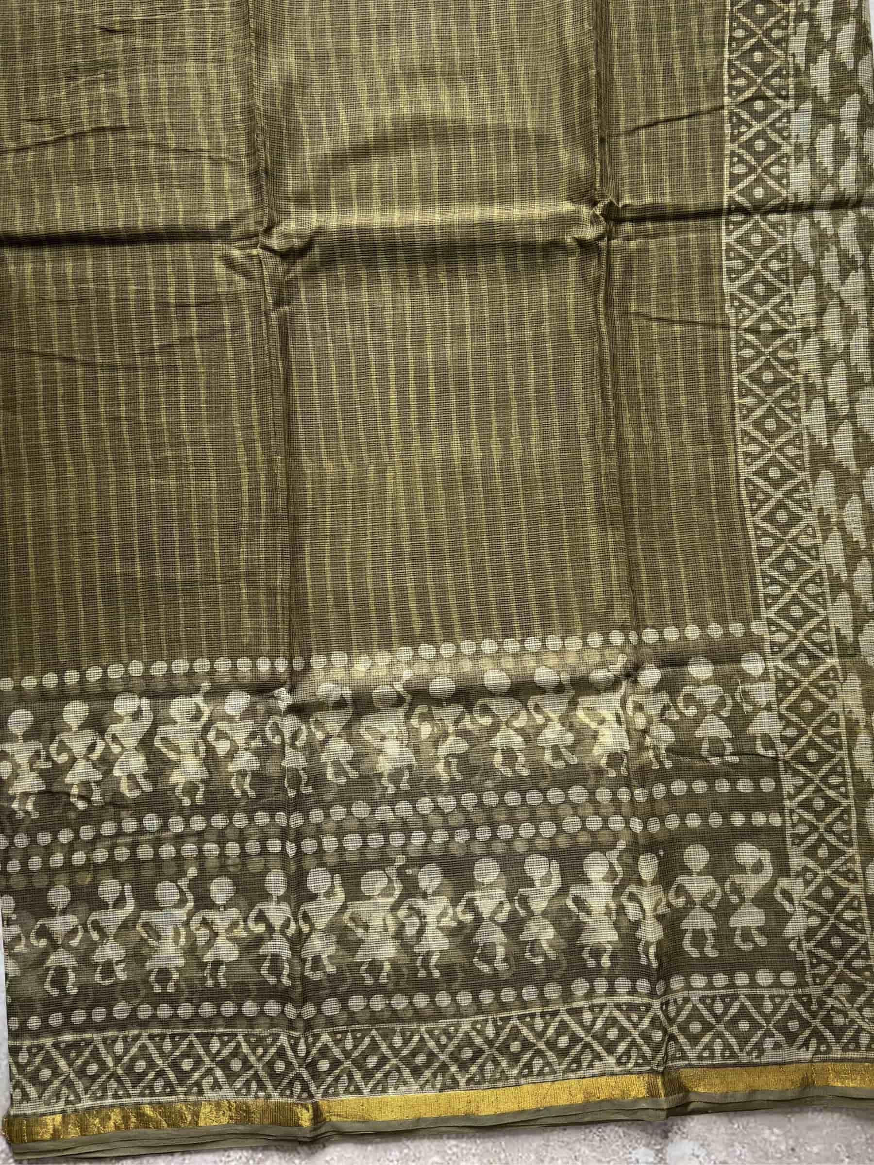 Kota Doria Hand Block Print Saree in Olive Green