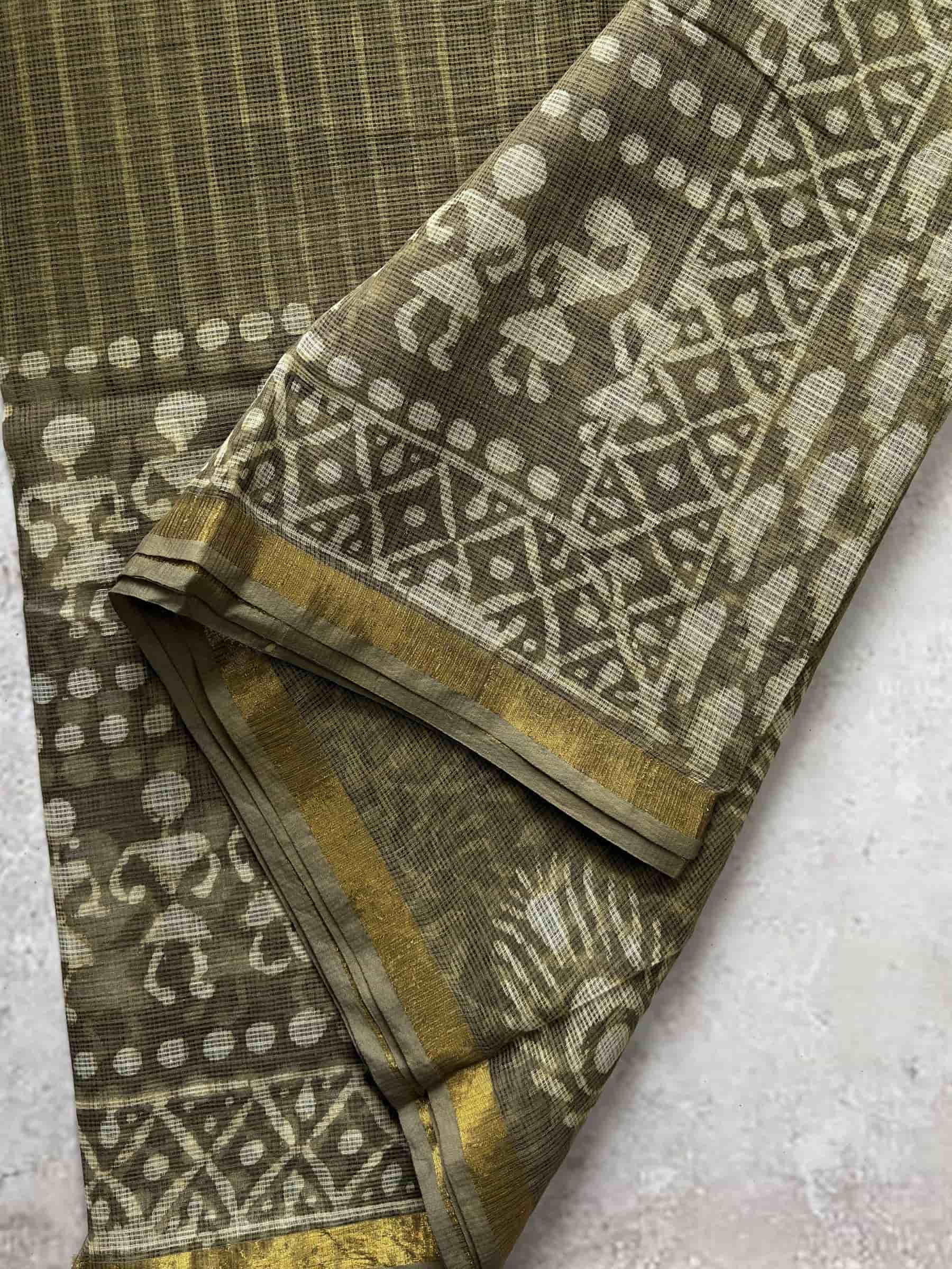 Kota Doria Hand Block Print Saree in Olive Green