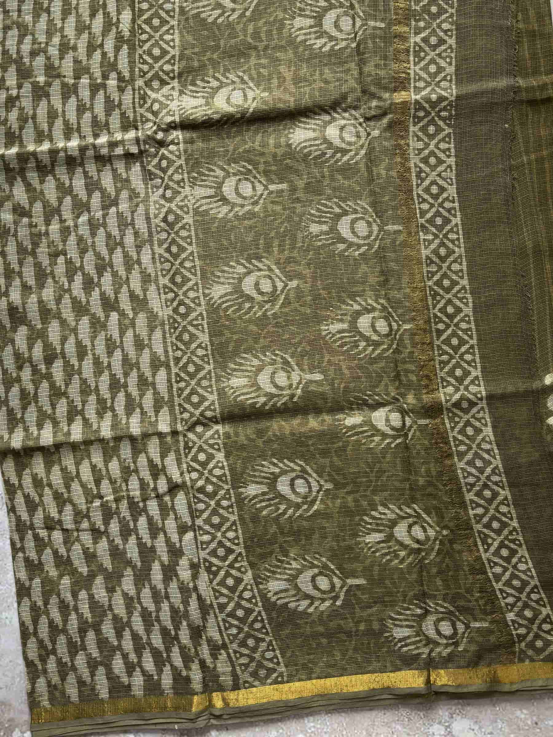 Kota Doria Hand Block Print Saree in Olive Green