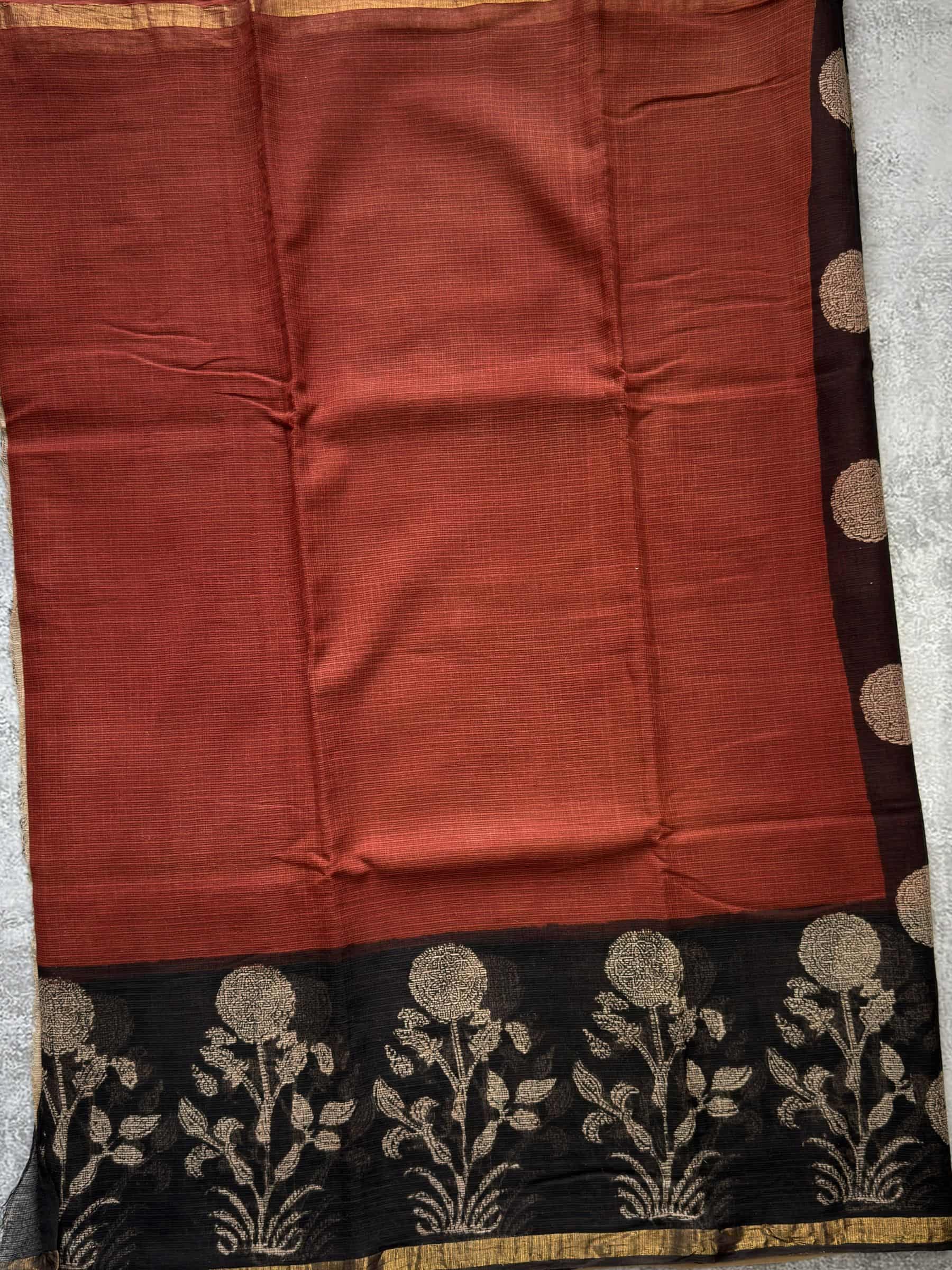 Kota Doria Hand Block Print Saree in Red & Black