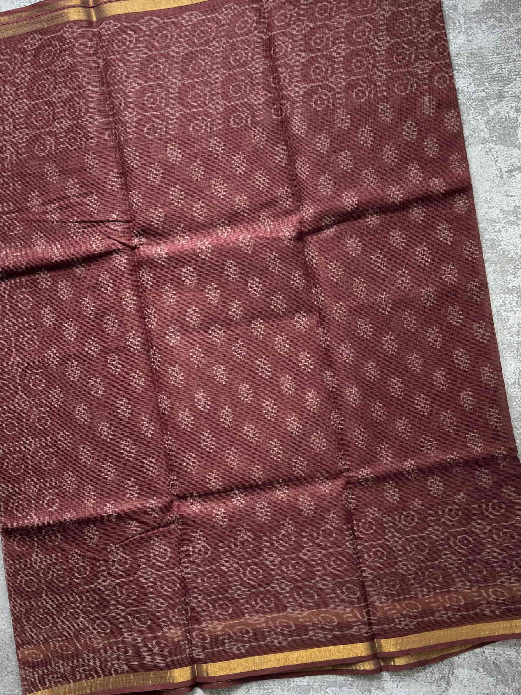 Hand Block Printed Kota Doria Saree in Rust Red