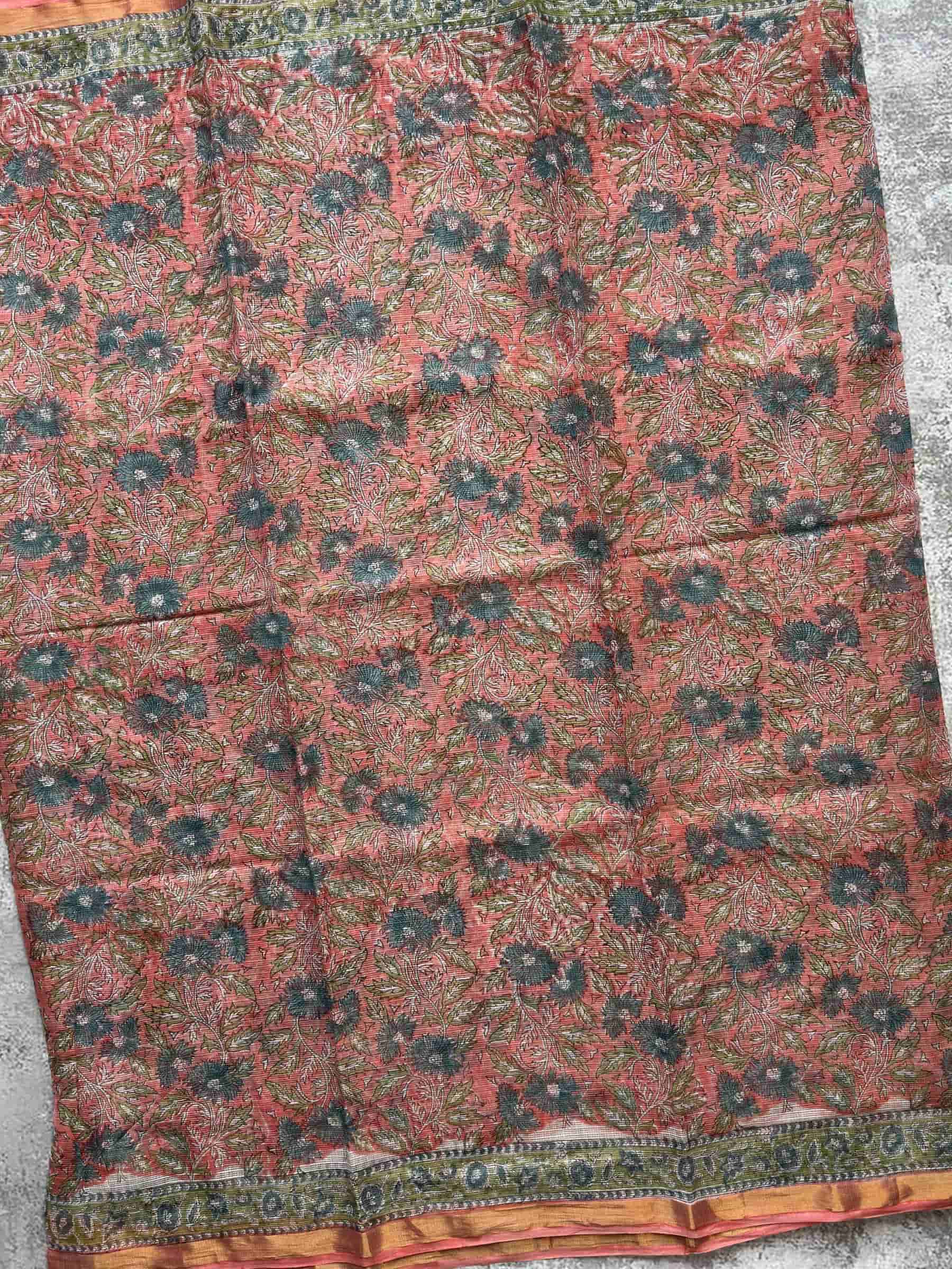 Hand Block Printed Sanganeri Kota Doria Saree in Coral Pink