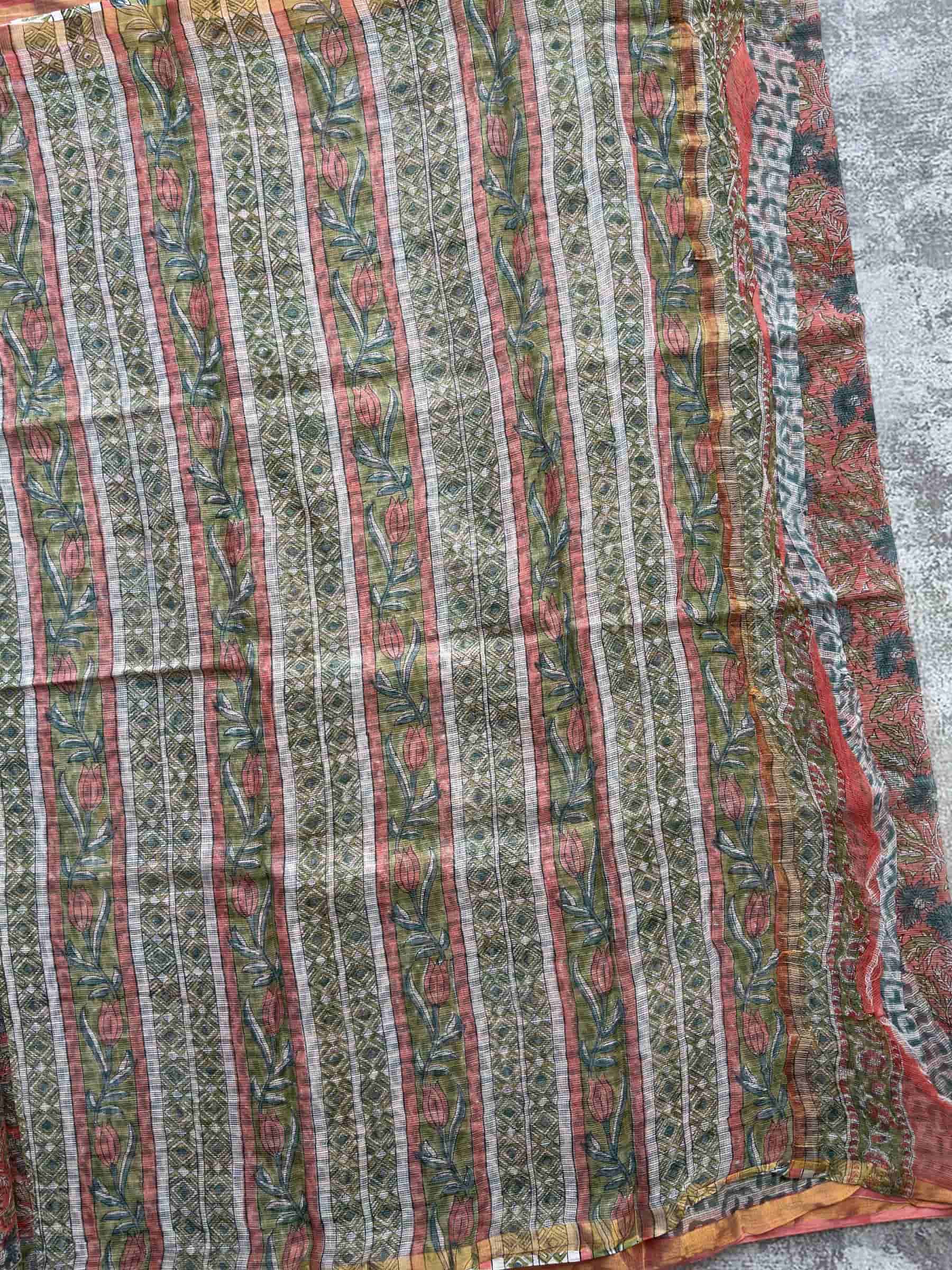 Hand Block Printed Sanganeri Kota Doria Saree in Coral Pink