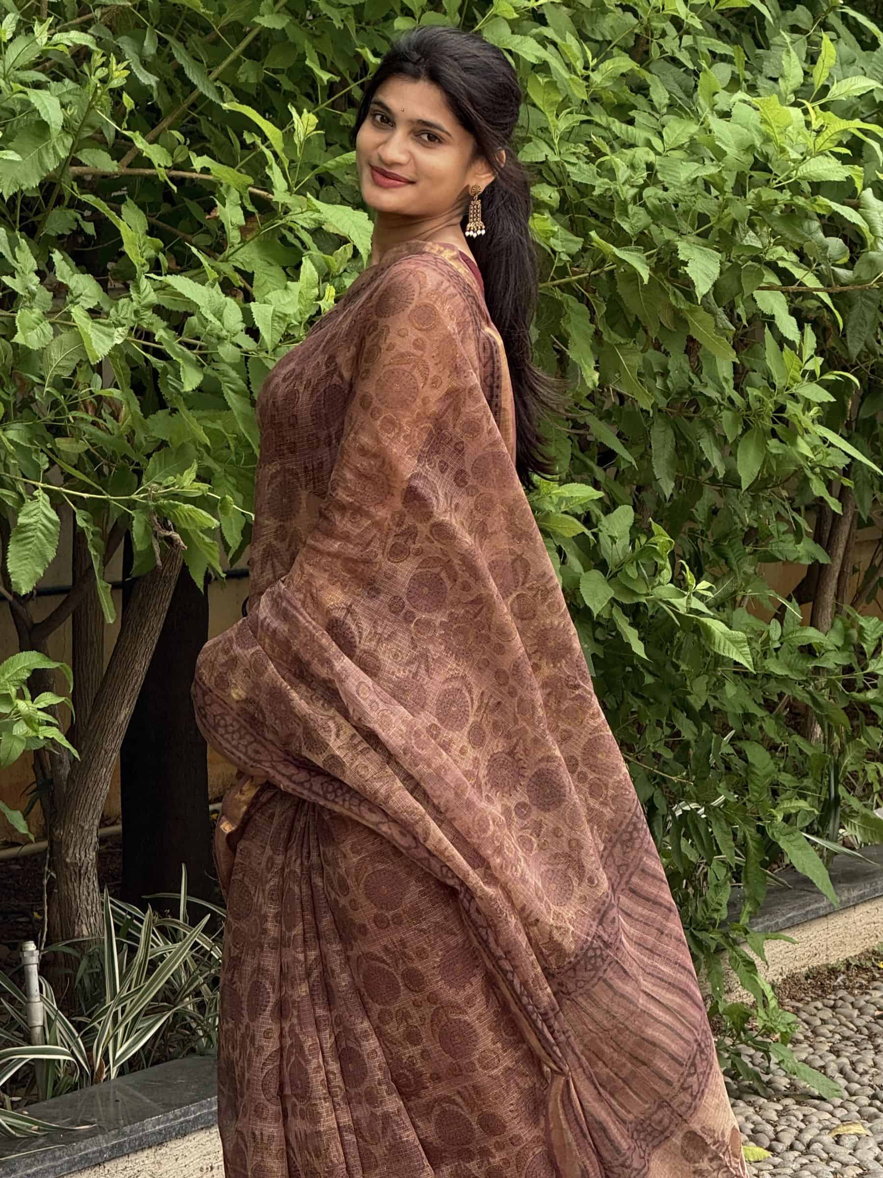 Hand Block Printed Vanaspati Kota Doria Saree in Dusty Mauve