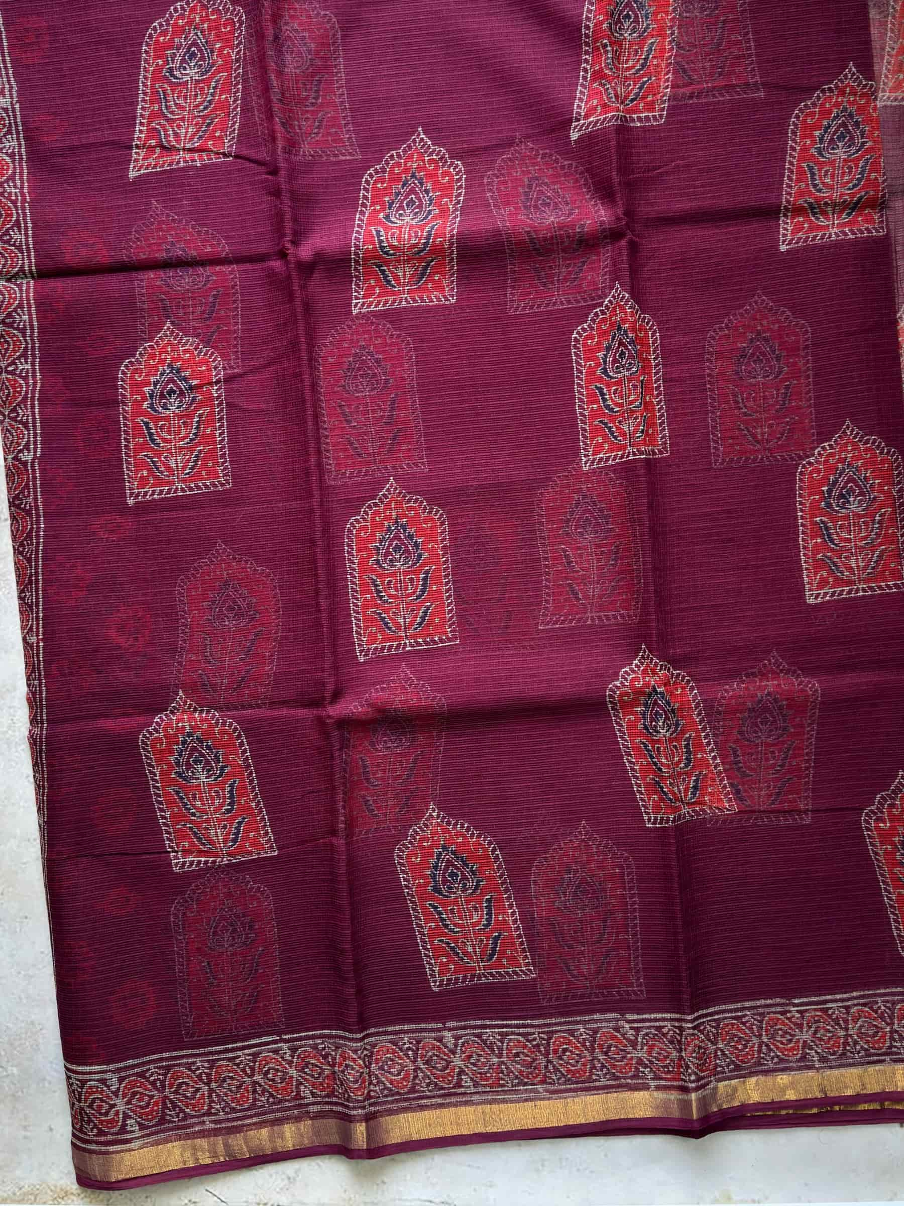 Hand Block Printed Kota Doria Saree in Wine Shade