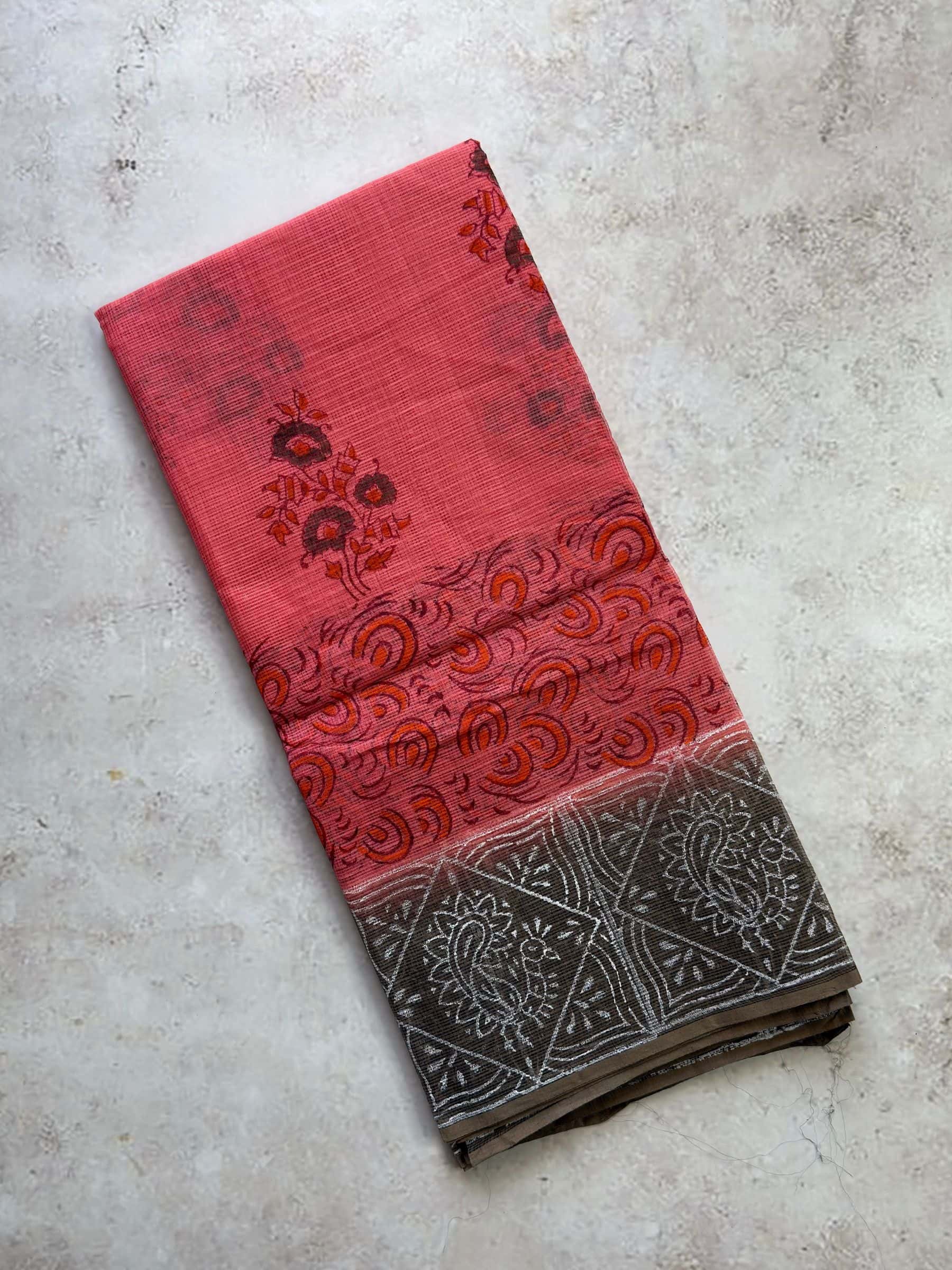 Hand Block Printed Kota Doria Saree in Coral Red