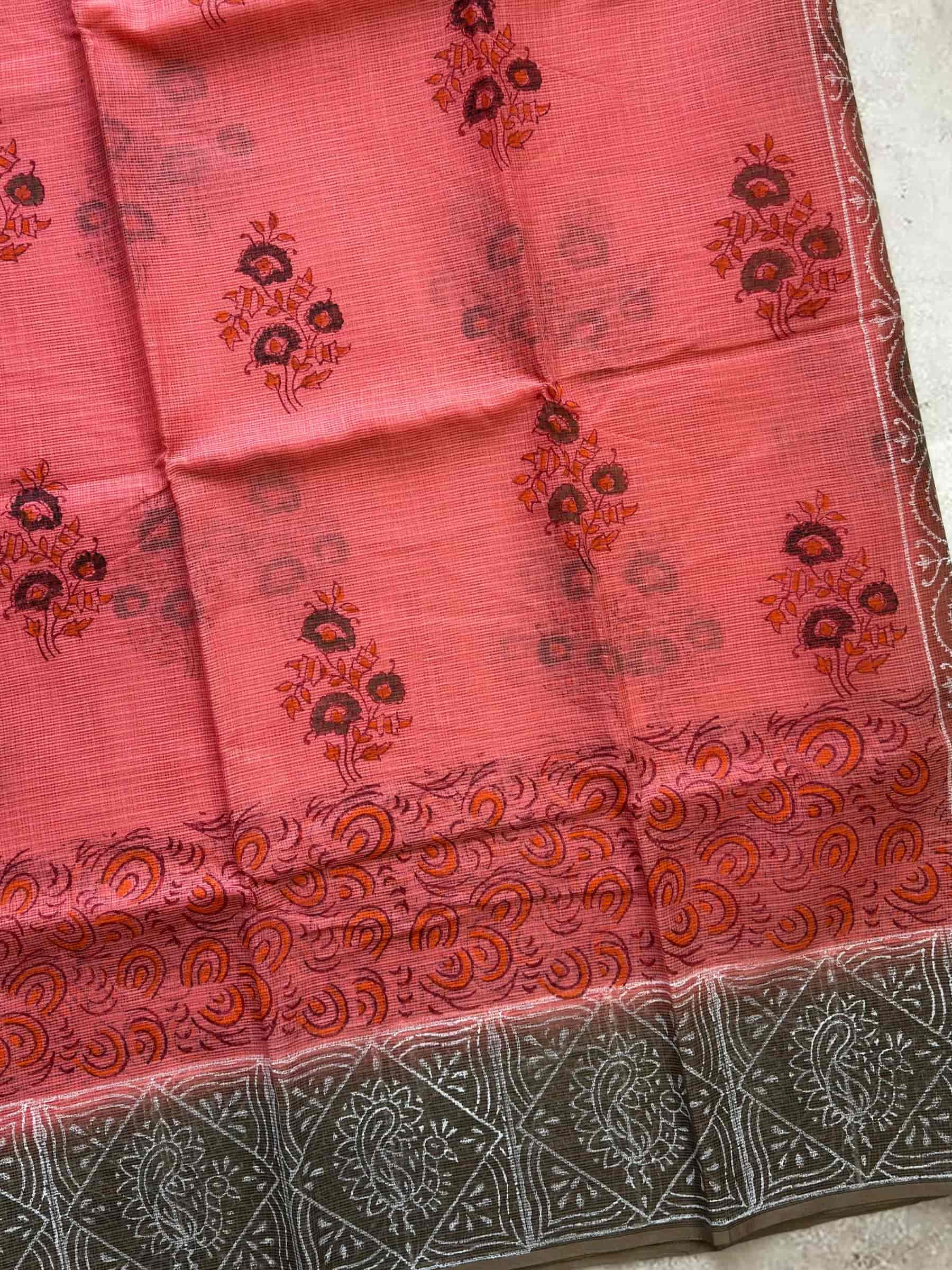 Hand Block Printed Kota Doria Saree in Coral Red