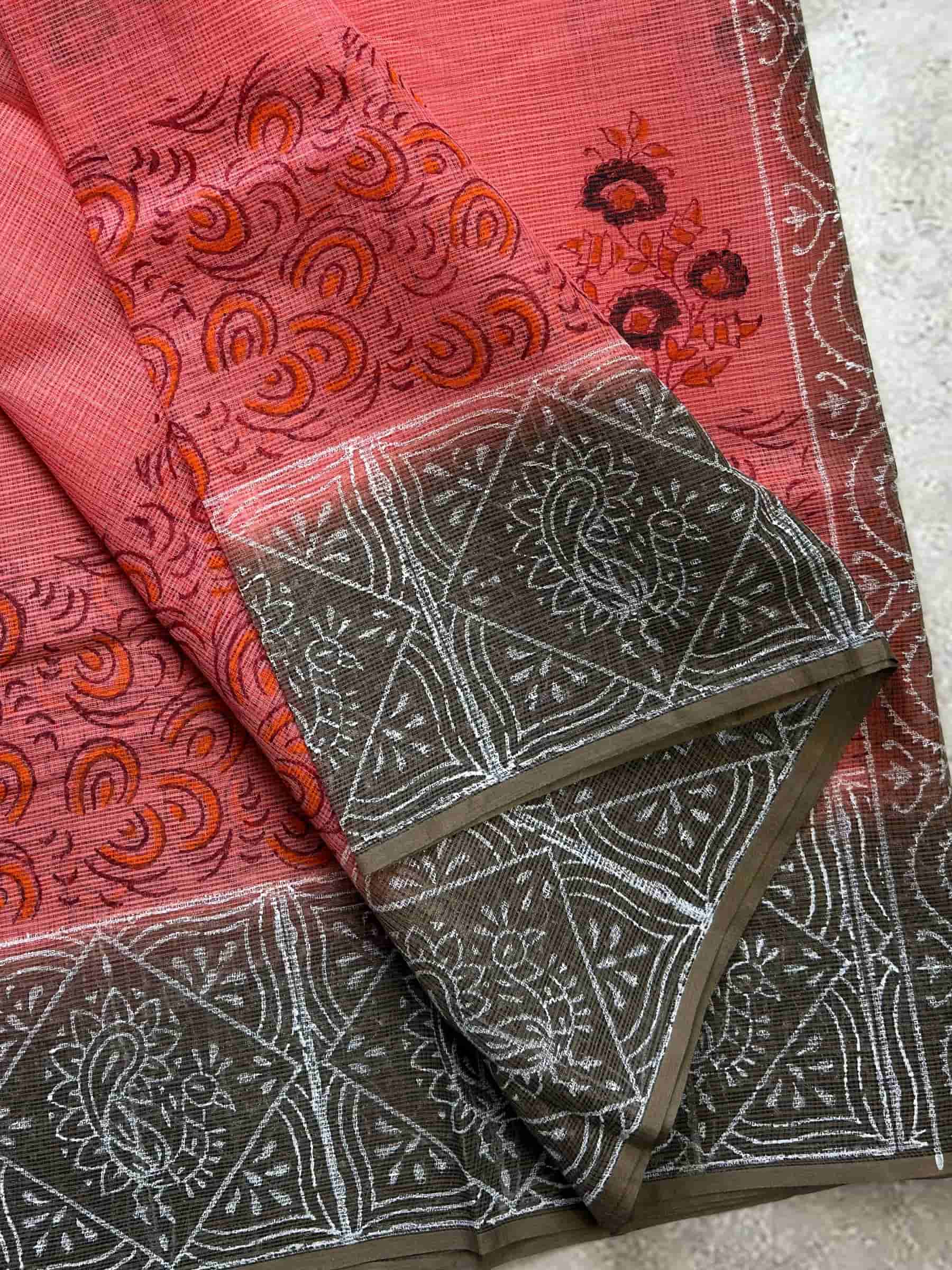Hand Block Printed Kota Doria Saree in Coral Red