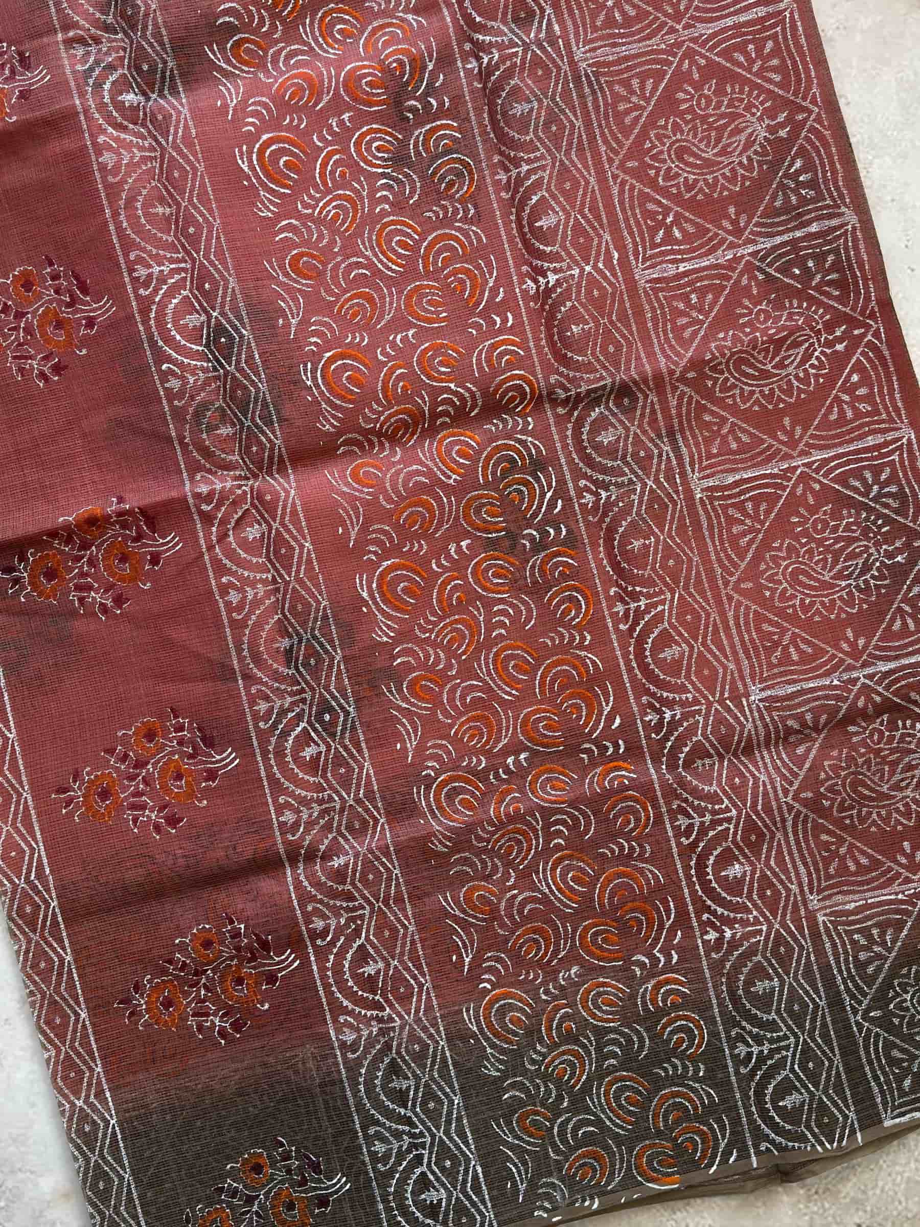 Hand Block Printed Kota Doria Saree in Coral Red