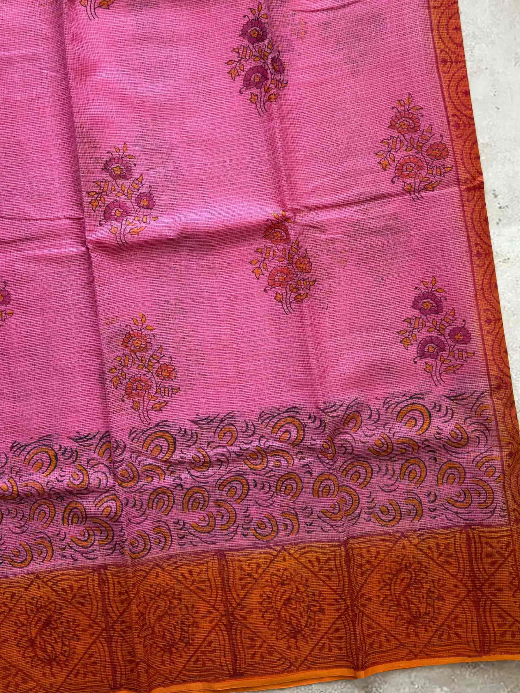 Hand Block Printed Kota Doria Saree in Pink