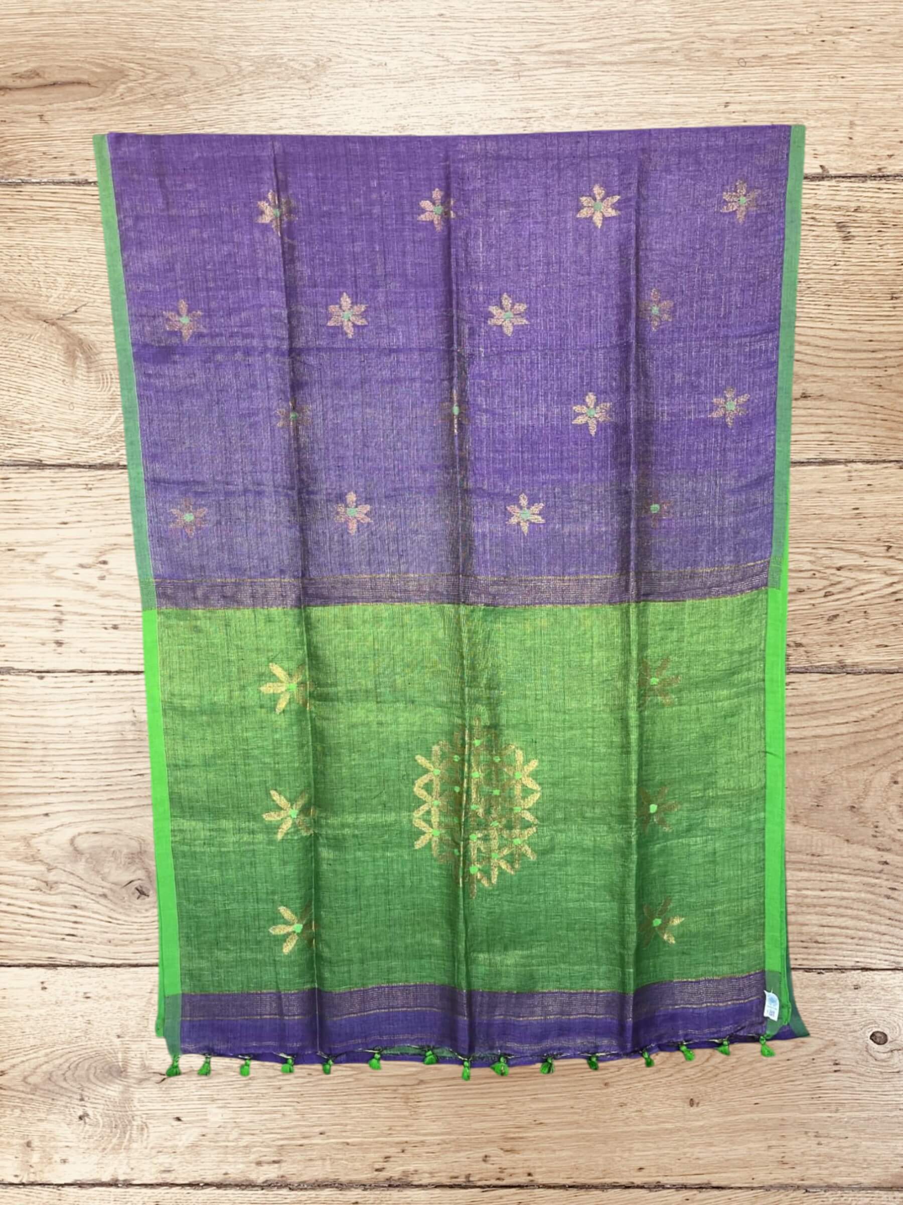 Handloom Tissue Linen Saree in Lavender & Green