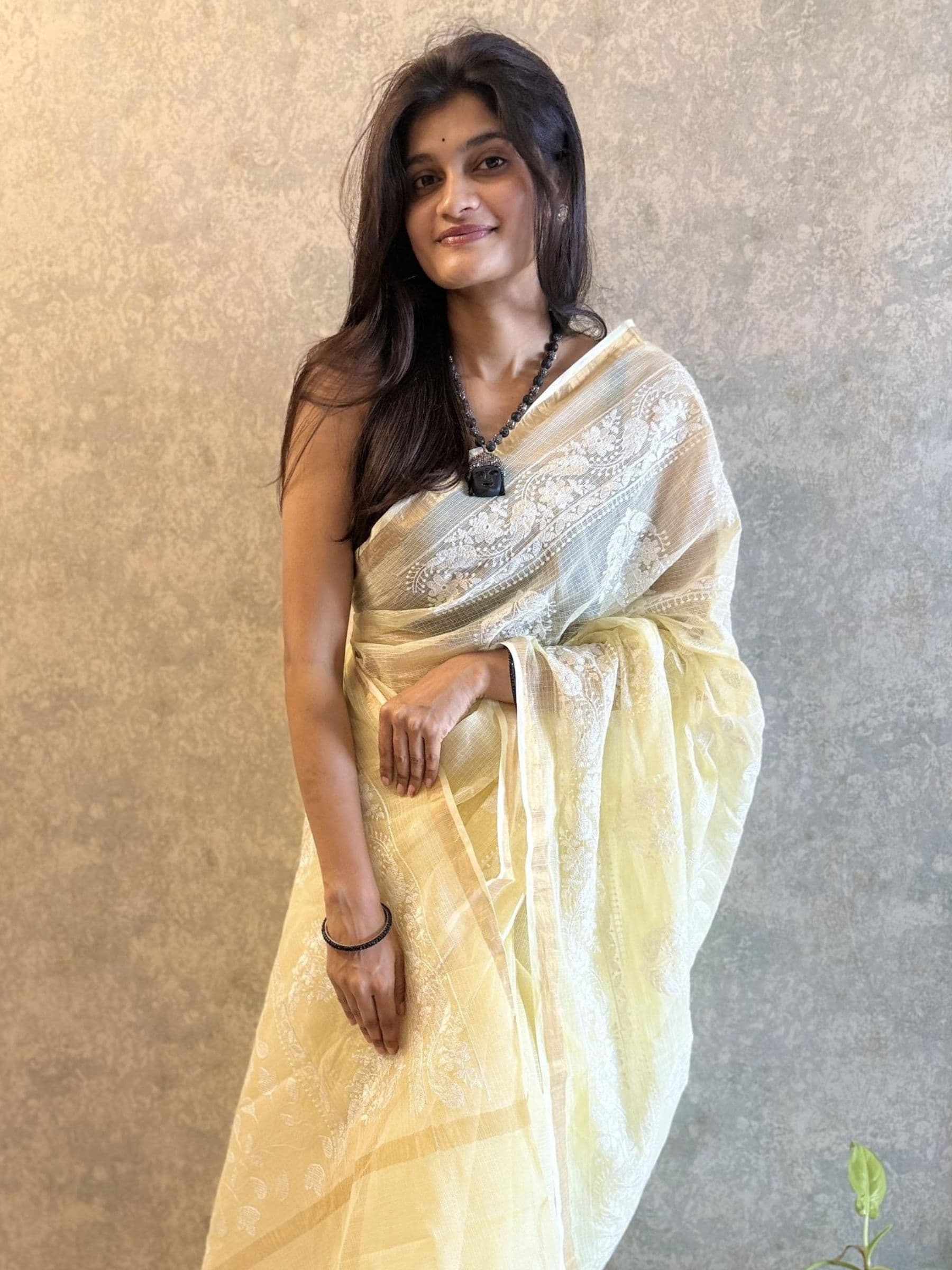 Embroidered Yellow Kota Doria Saree with White Floral Work
